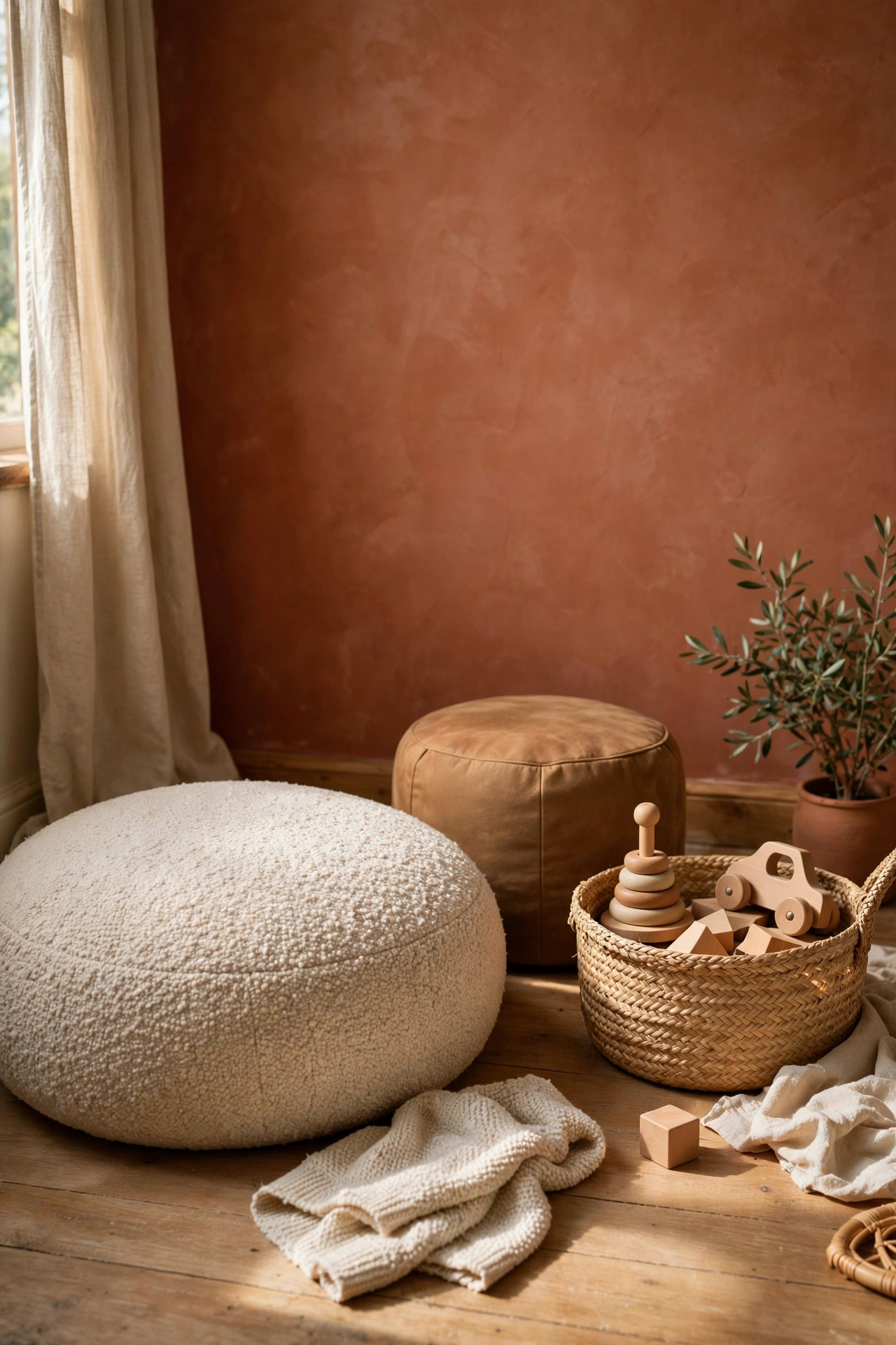 Cozy nursery play corner with an oatmeal boucle floor cushion, camel pouf, and seagrass basket of wooden toys against a clay tint wall