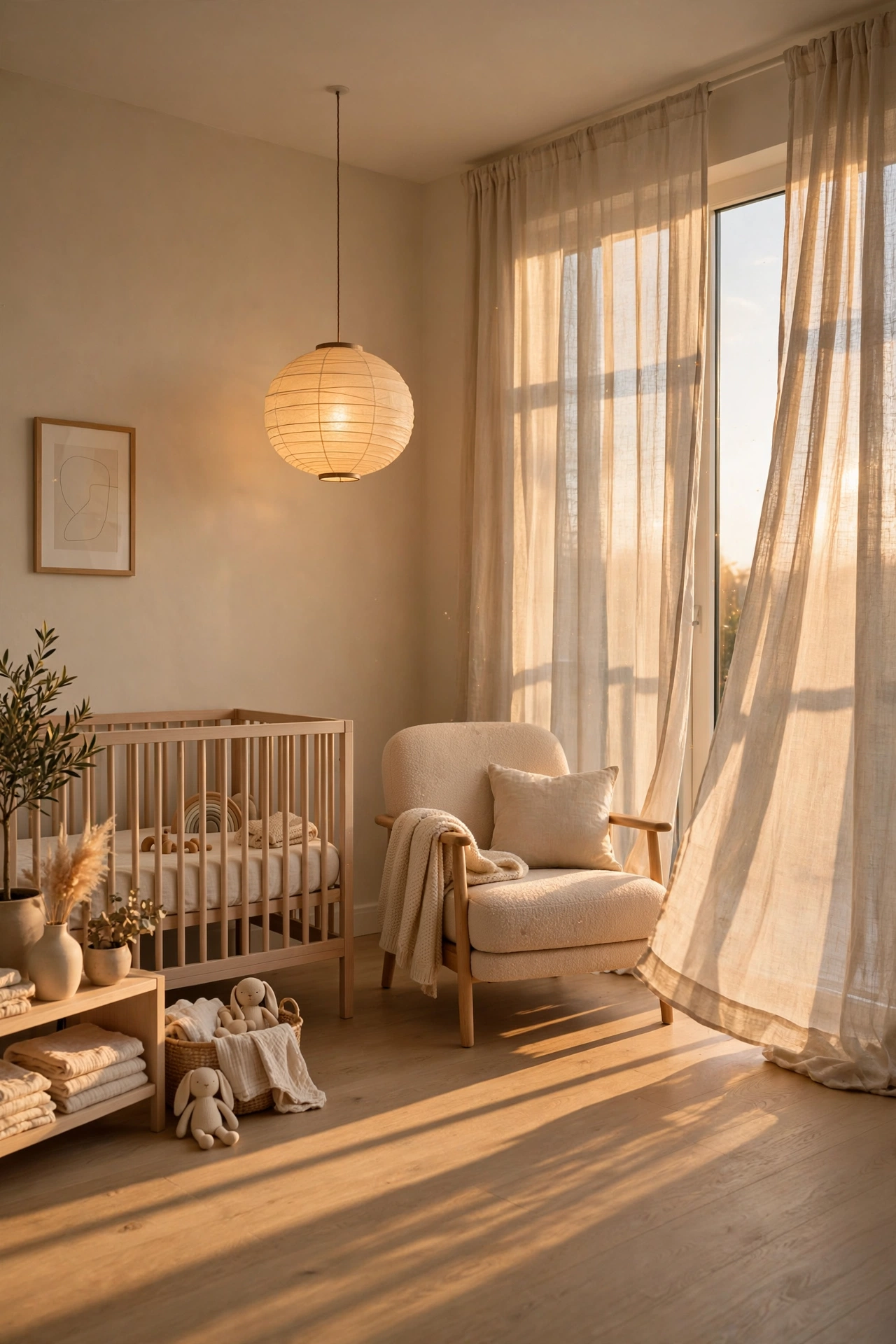Japandi nursery at golden hour with warm sunlight through linen curtains and a glowing paper pendant lamp