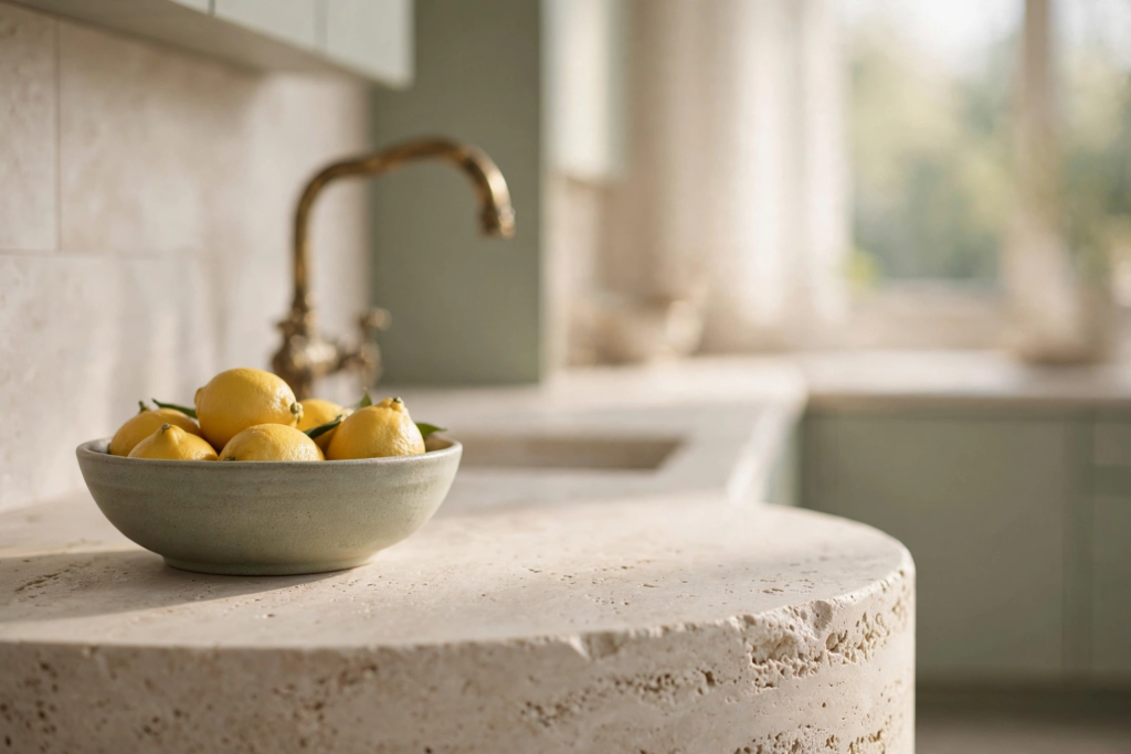 Serene European contemporary kitchen vignette with a honed travertine island, stoneware bowl of lemons, and softly blurred brass faucet in warm morning light