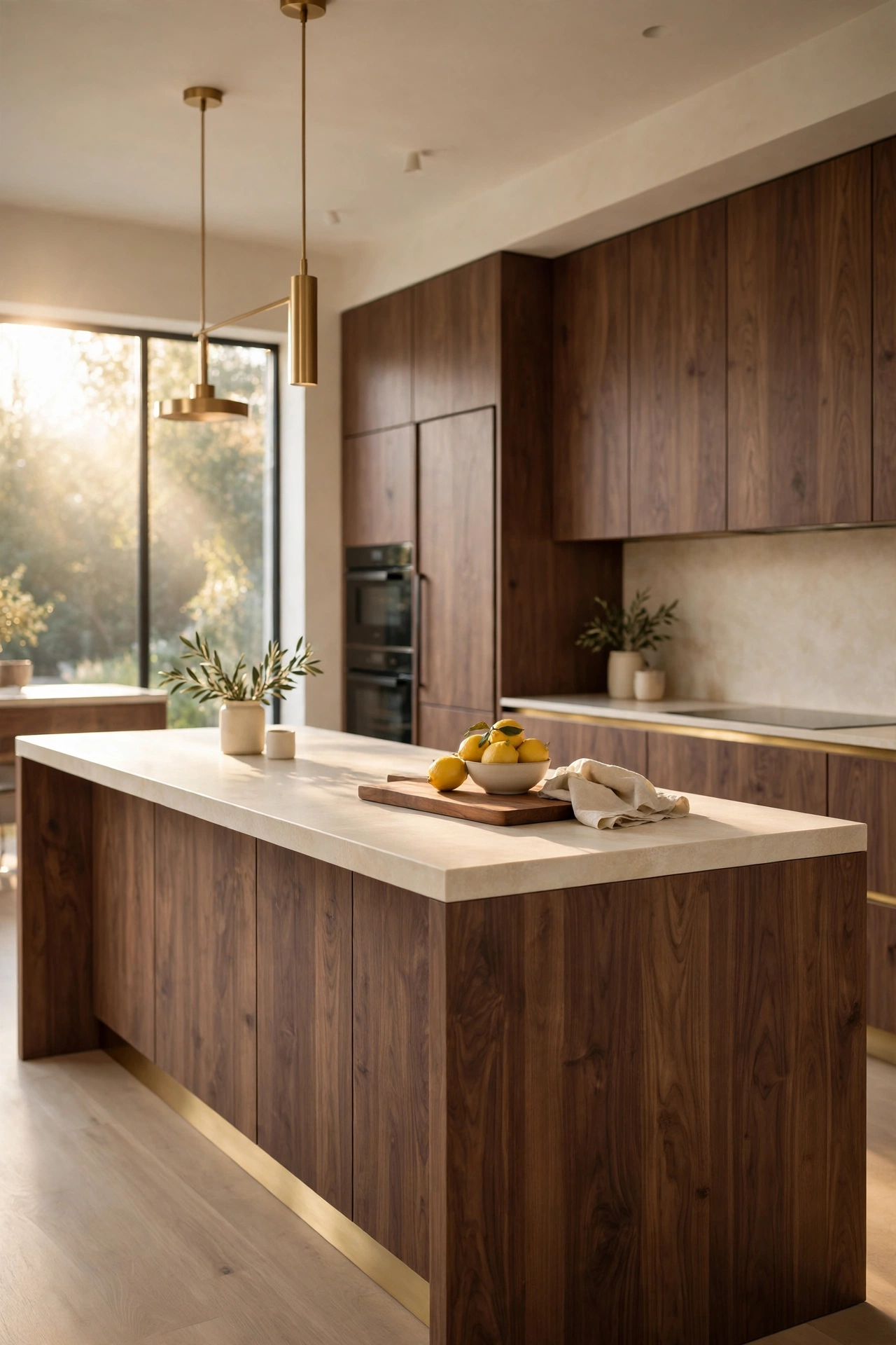 European contemporary kitchen with handleless walnut slab cabinets and a walnut waterfall island topped with honed cream stone