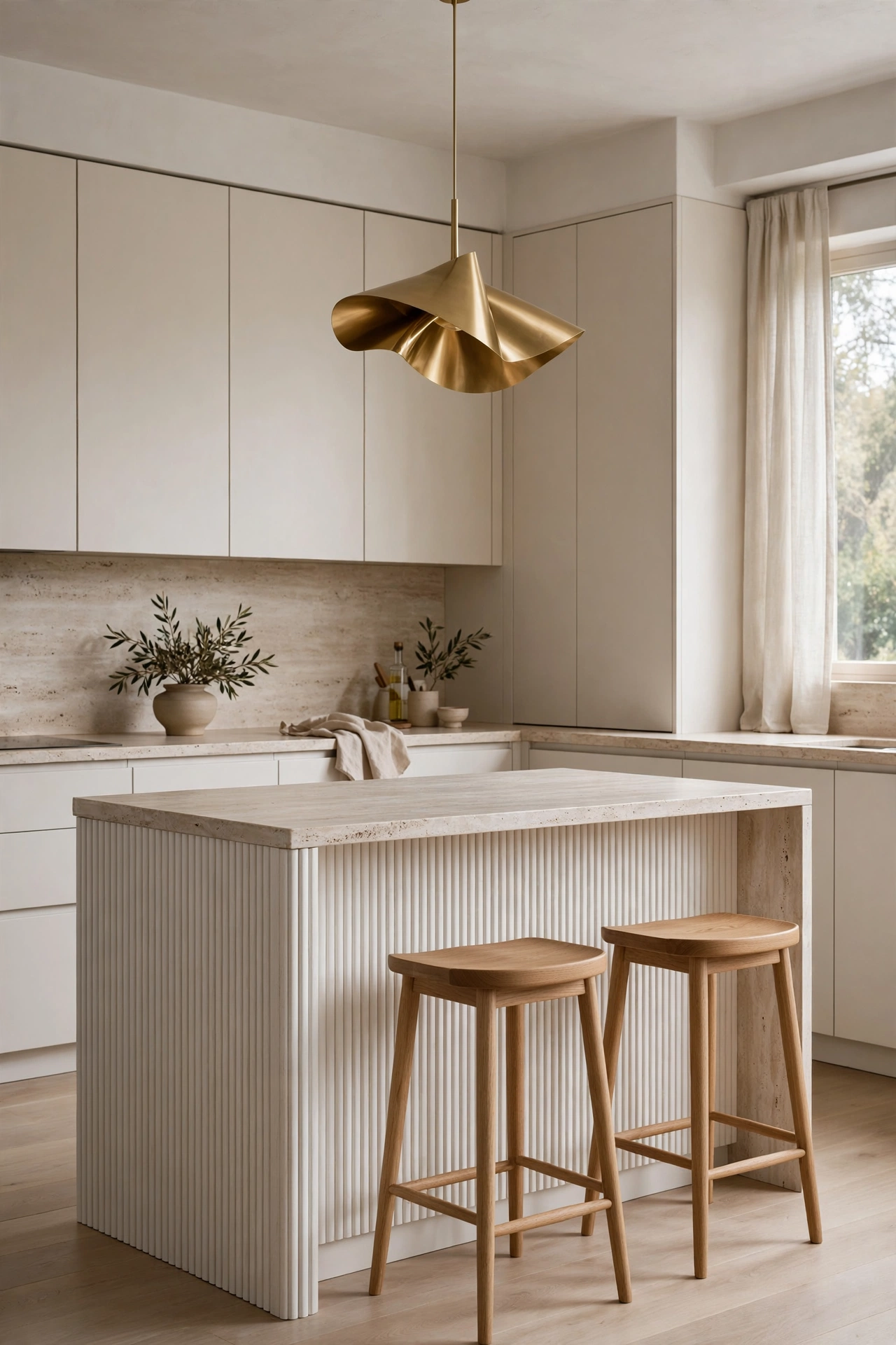Fluted white oak island front with fine vertical wood rhythm in a warm white European kitchen