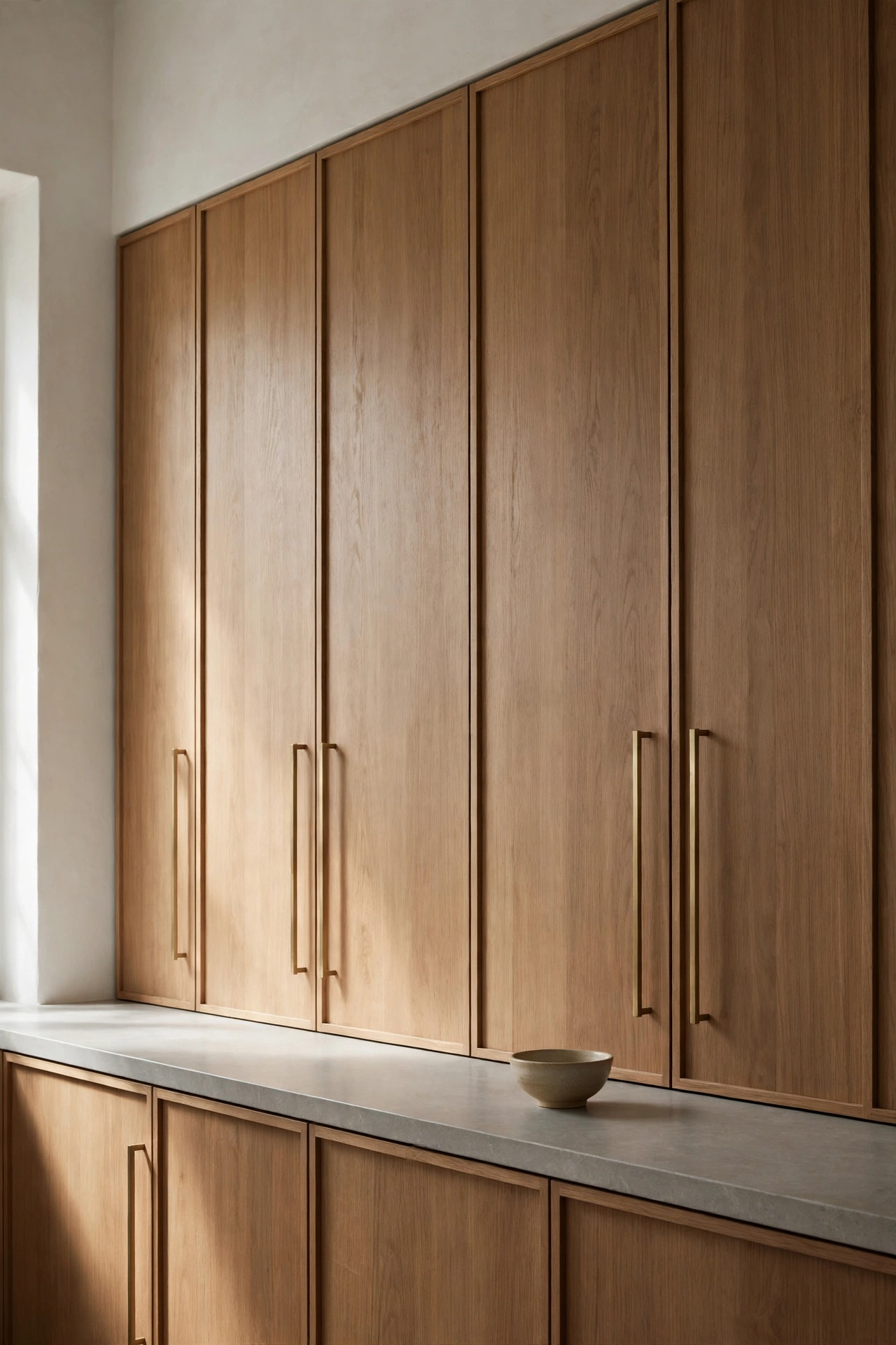 Tall oak panel front cabinetry concealing integrated appliances with slim brass pulls