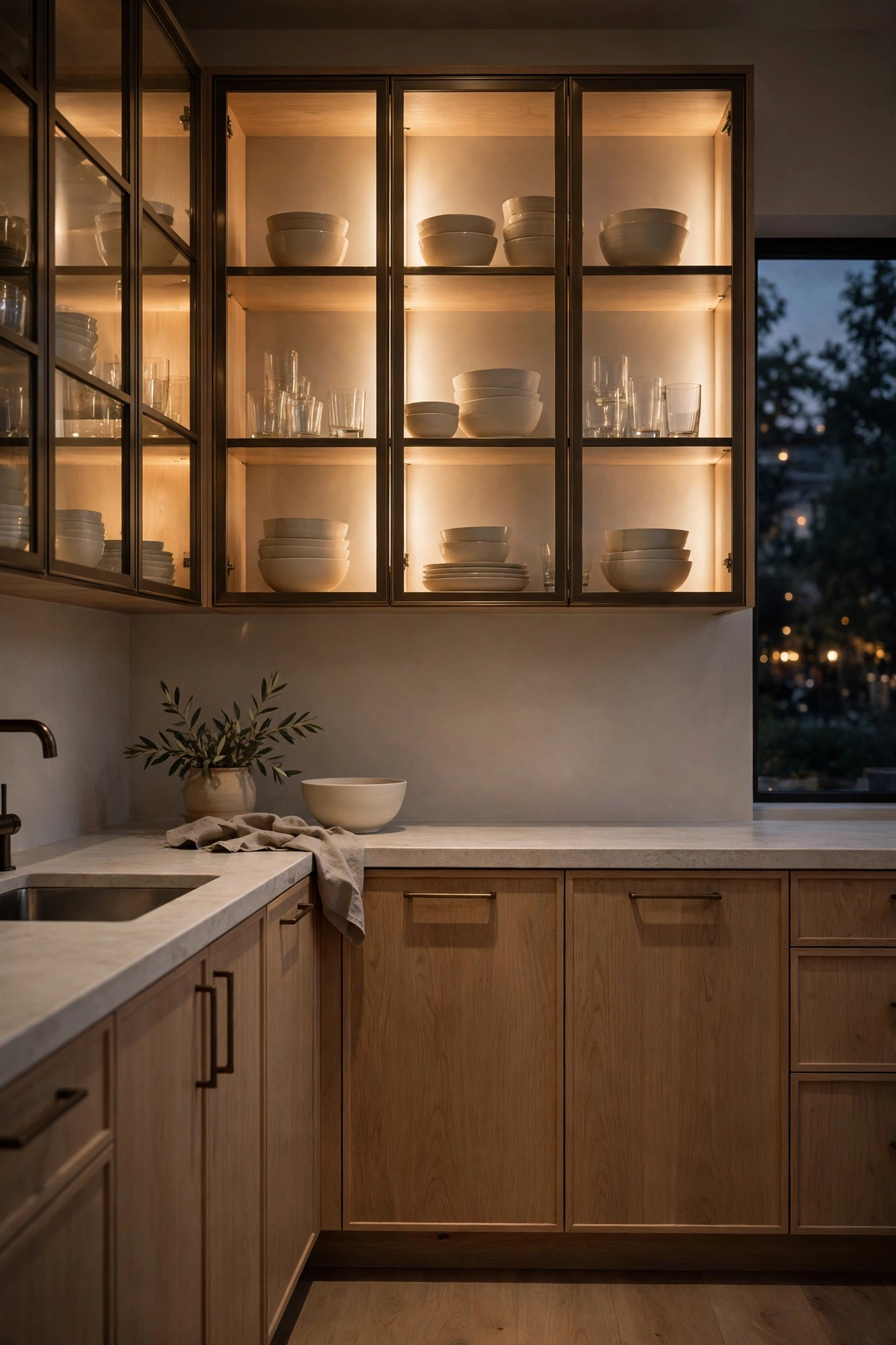 Glass front upper cabinets with bronze frames glowing with warm interior lighting over cream stoneware