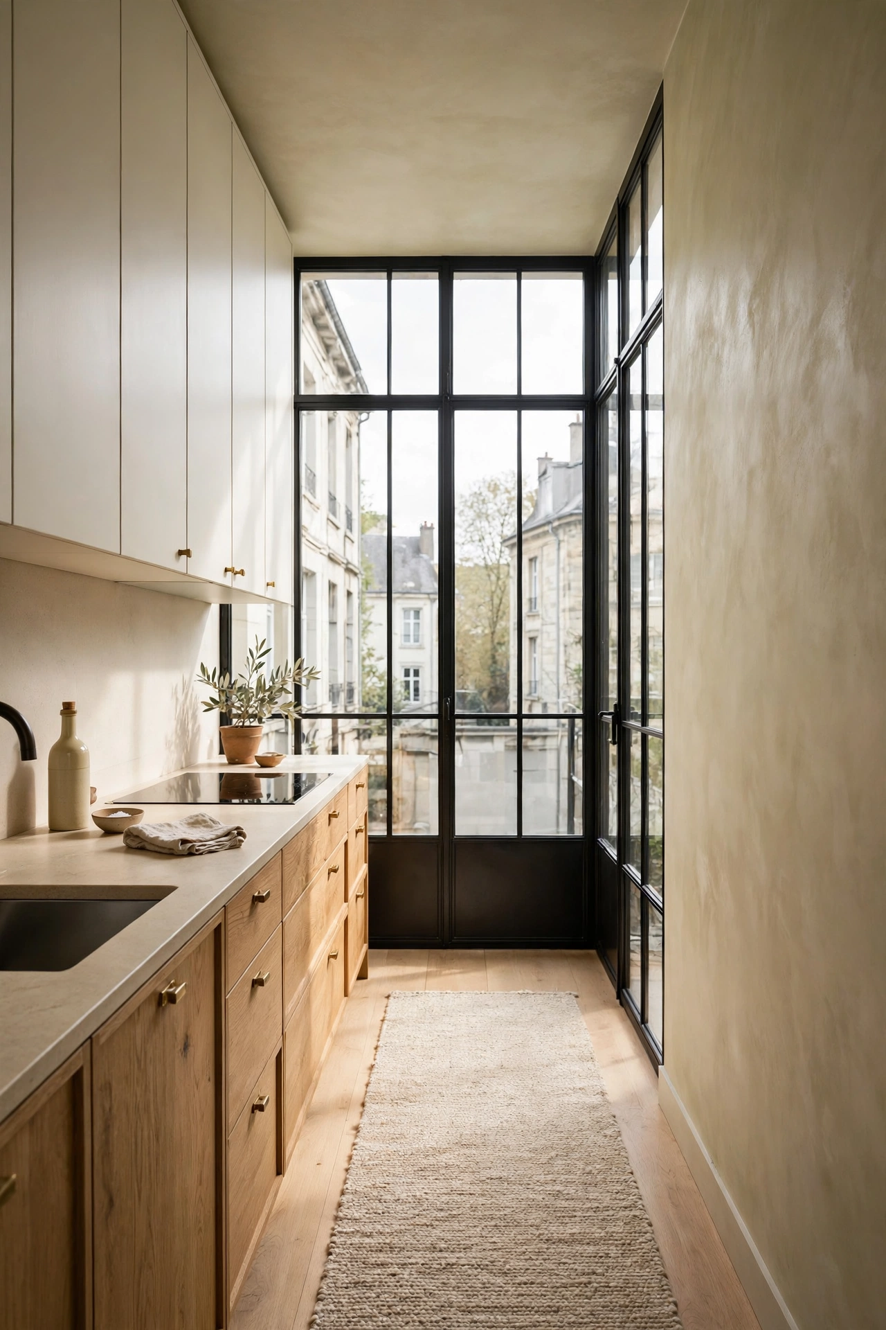 Narrow galley kitchen with black steel framed windows, oak lower cabinets, and limewash walls