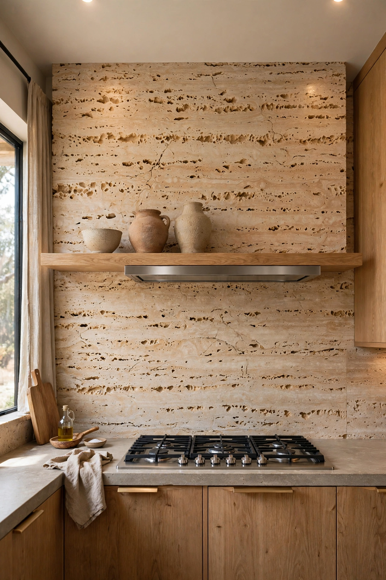 Full slab travertine backsplash wall behind a range with floating oak shelf and handmade pottery