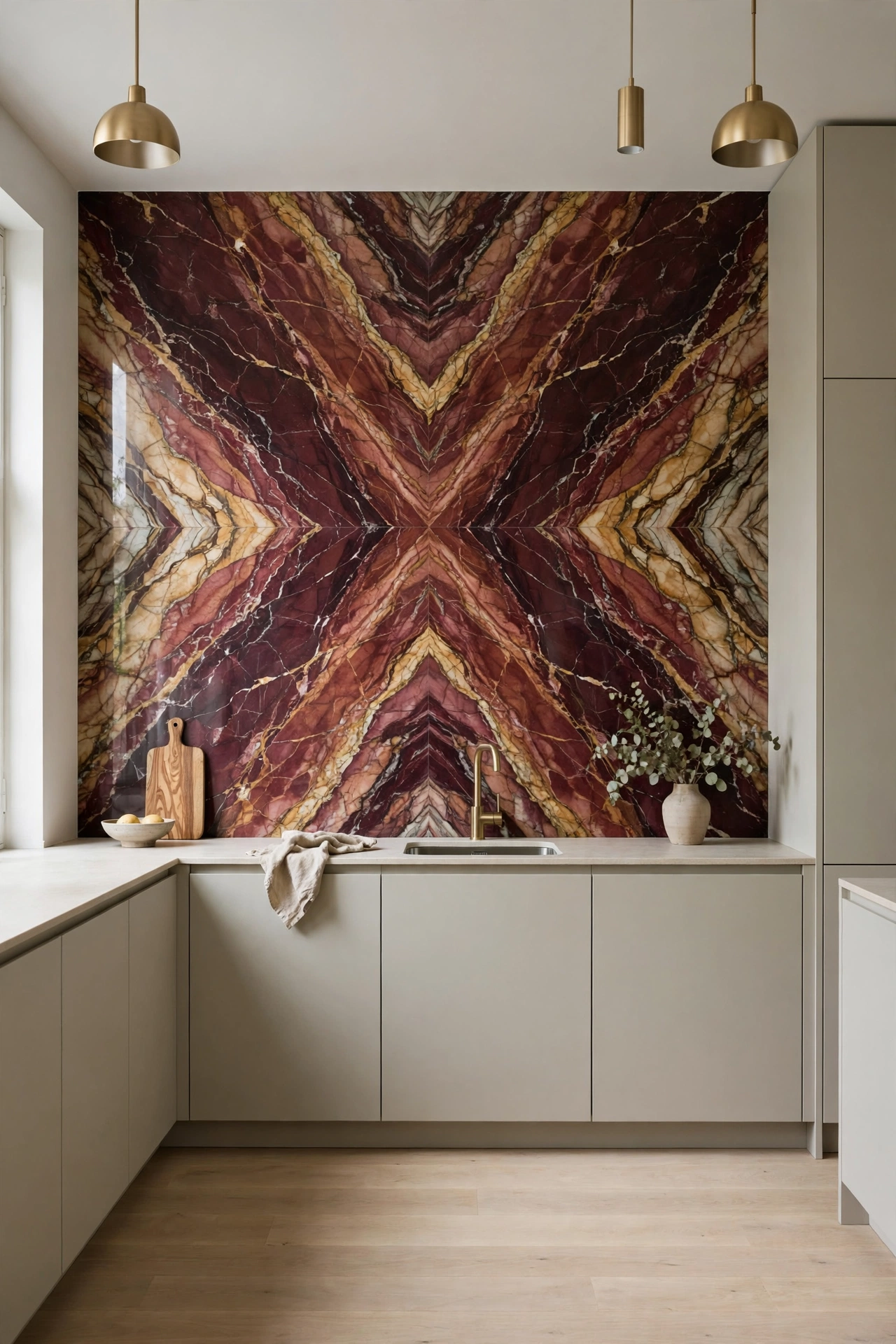 Dramatic book matched marble splashback with burgundy and gold veining beside quiet oatmeal cabinets