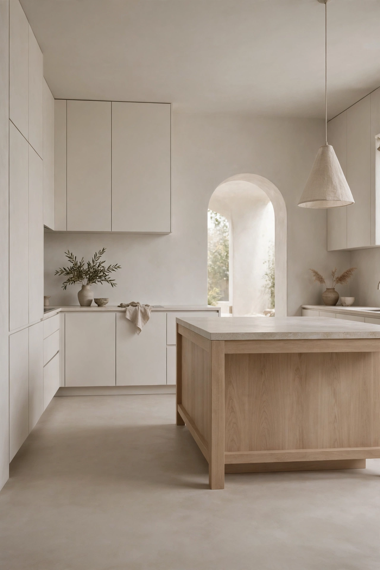 Warm greige microcement floors flowing through a calm white European kitchen with arched doorway