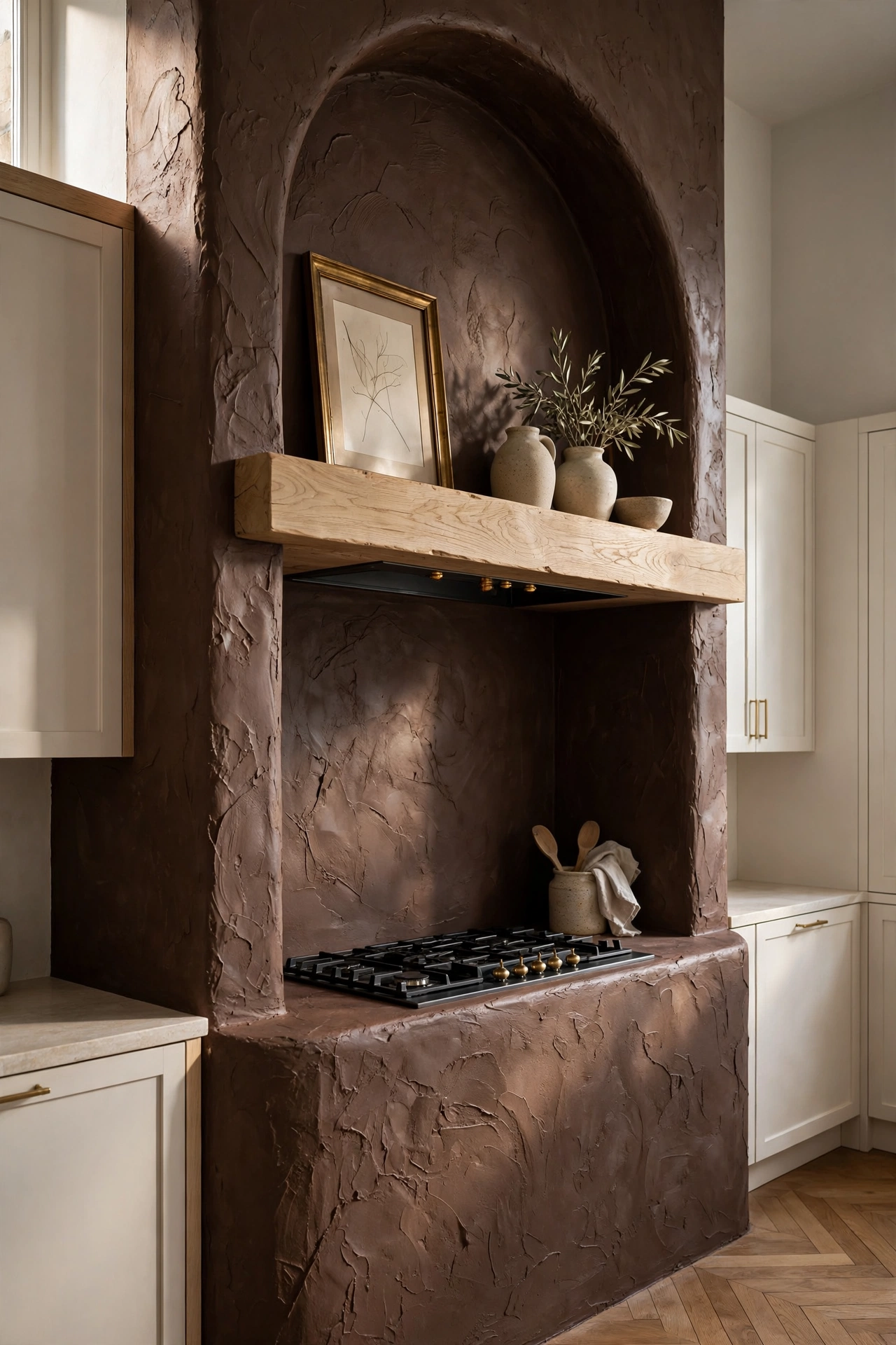 Chocolate brown hand troweled plaster range alcove with thick oak mantel shelf