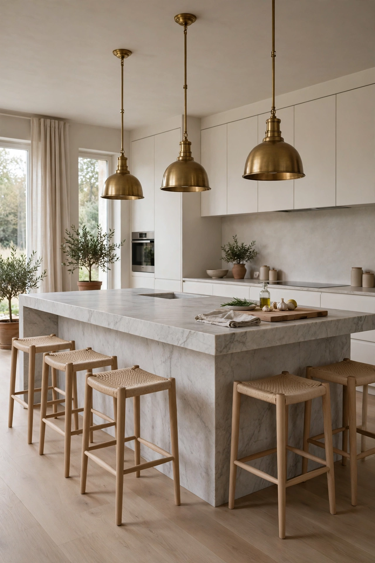 Oversized honed marble island seating six with brass pendant lights hung low above