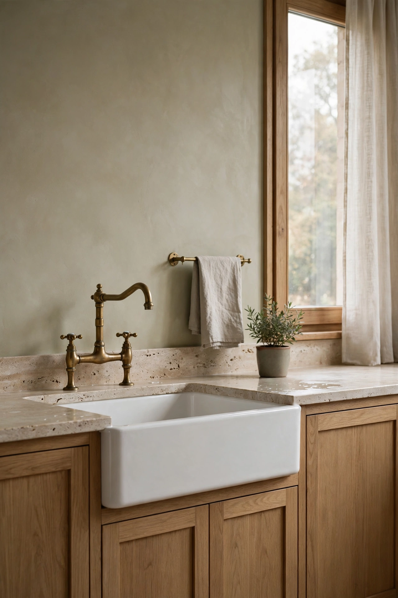 Aged brass bridge faucet with cross handles over a white apron front sink in honed travertine