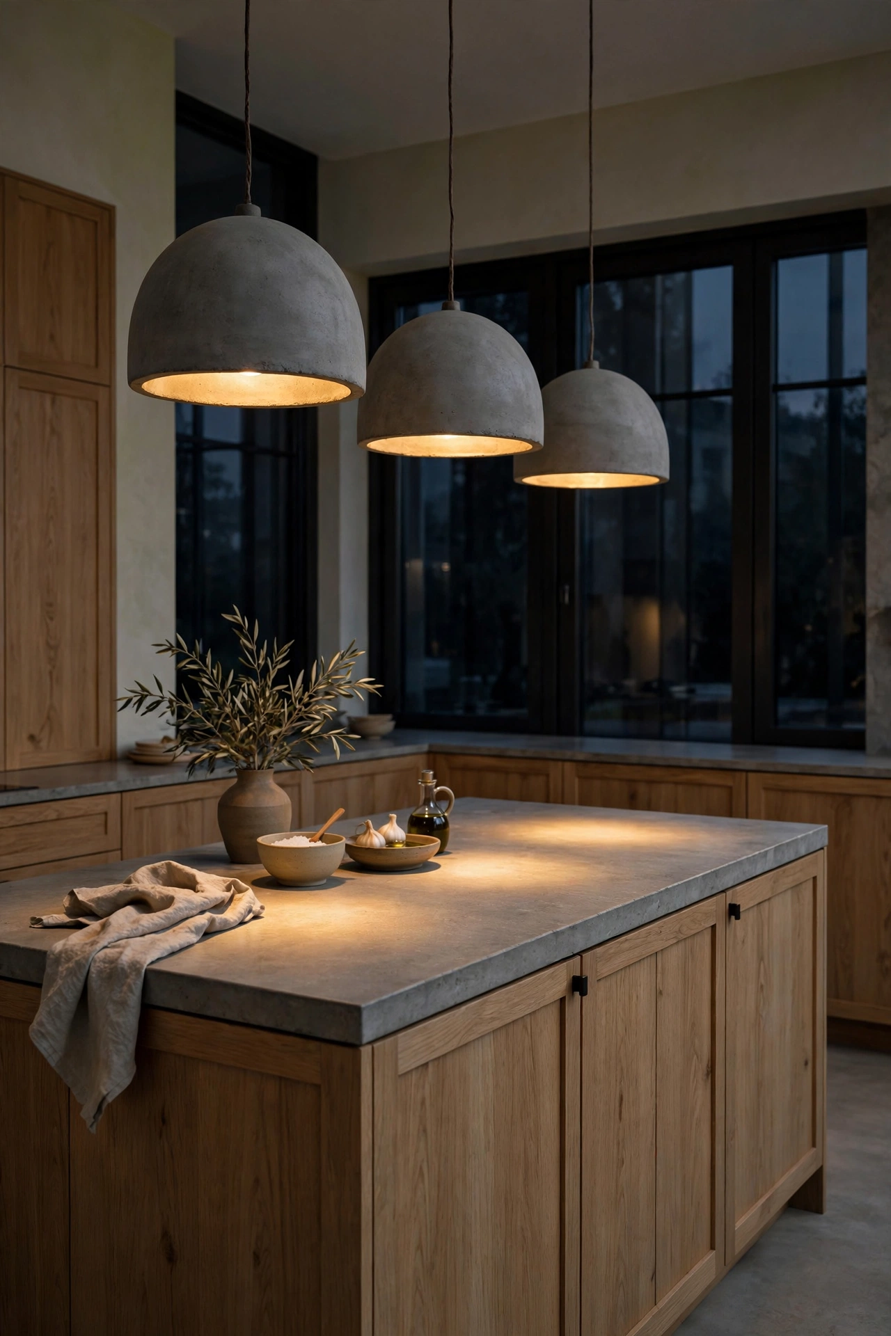 Kitchen island at dusk lit by concrete dome pendant lights glowing over honed stone