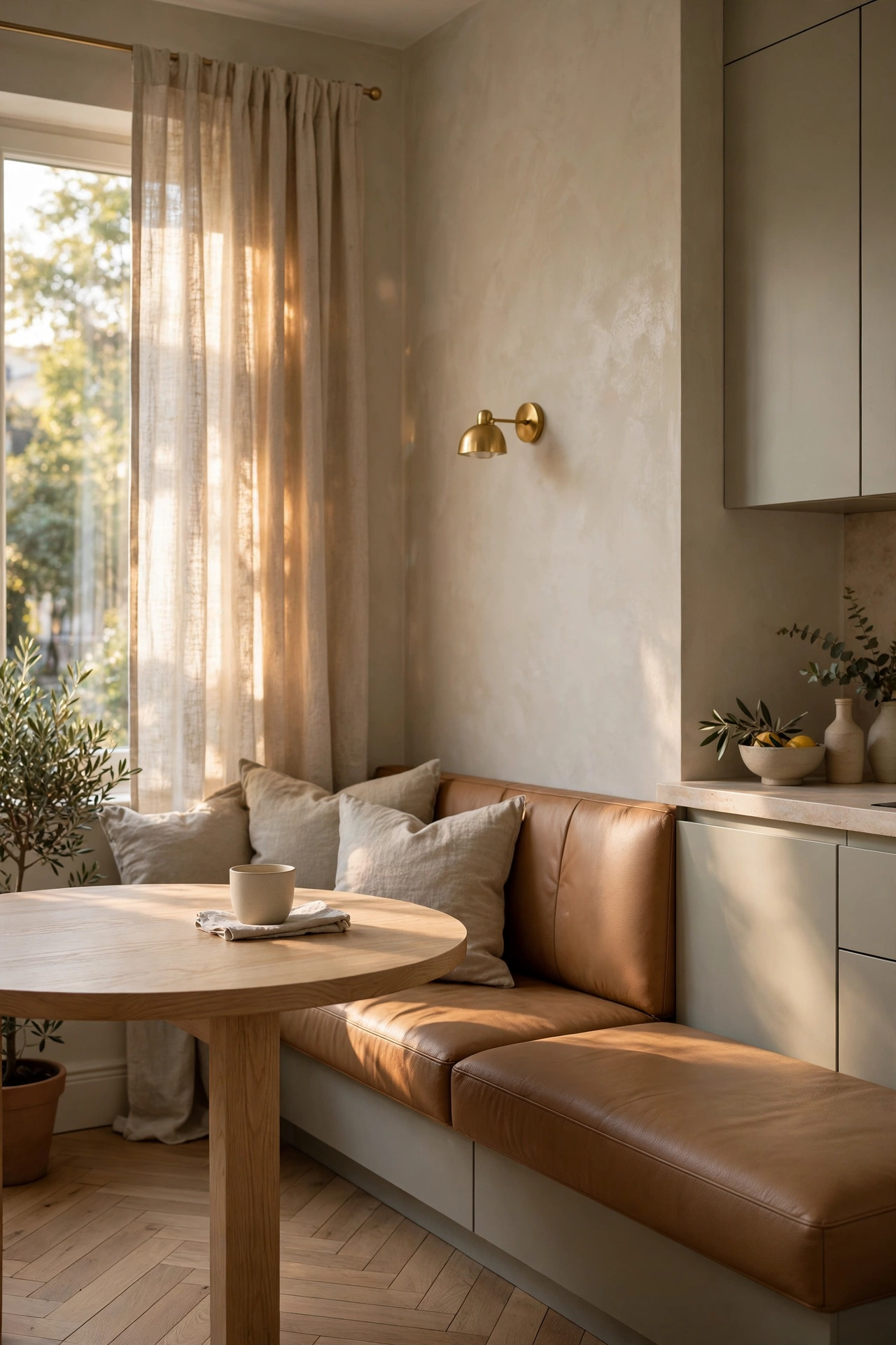 Sunny breakfast nook with camel leather banquette, round oak table, and linen curtains