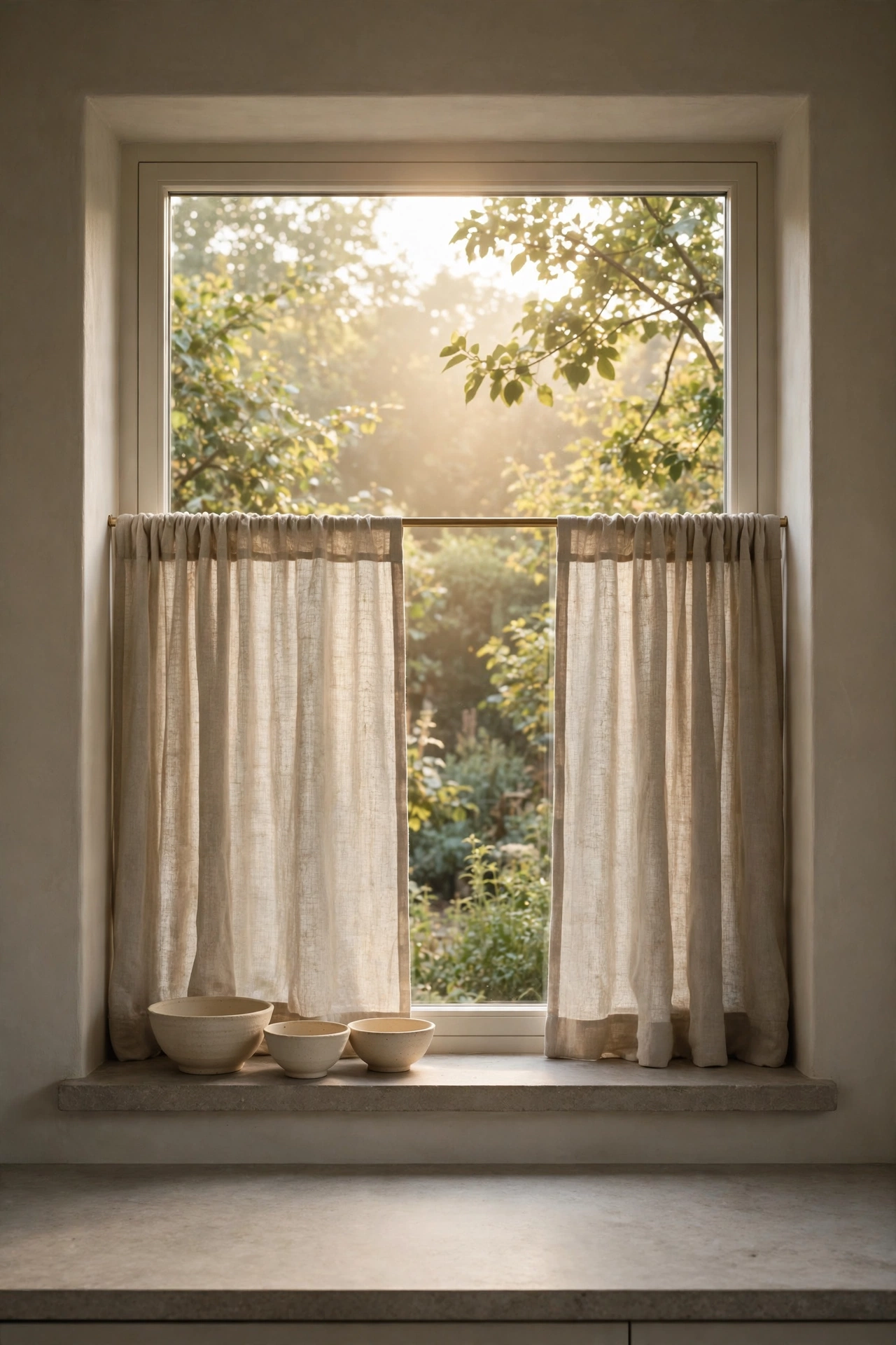 Kitchen window with oatmeal linen cafe curtains on a brass rod and stoneware on the sill
