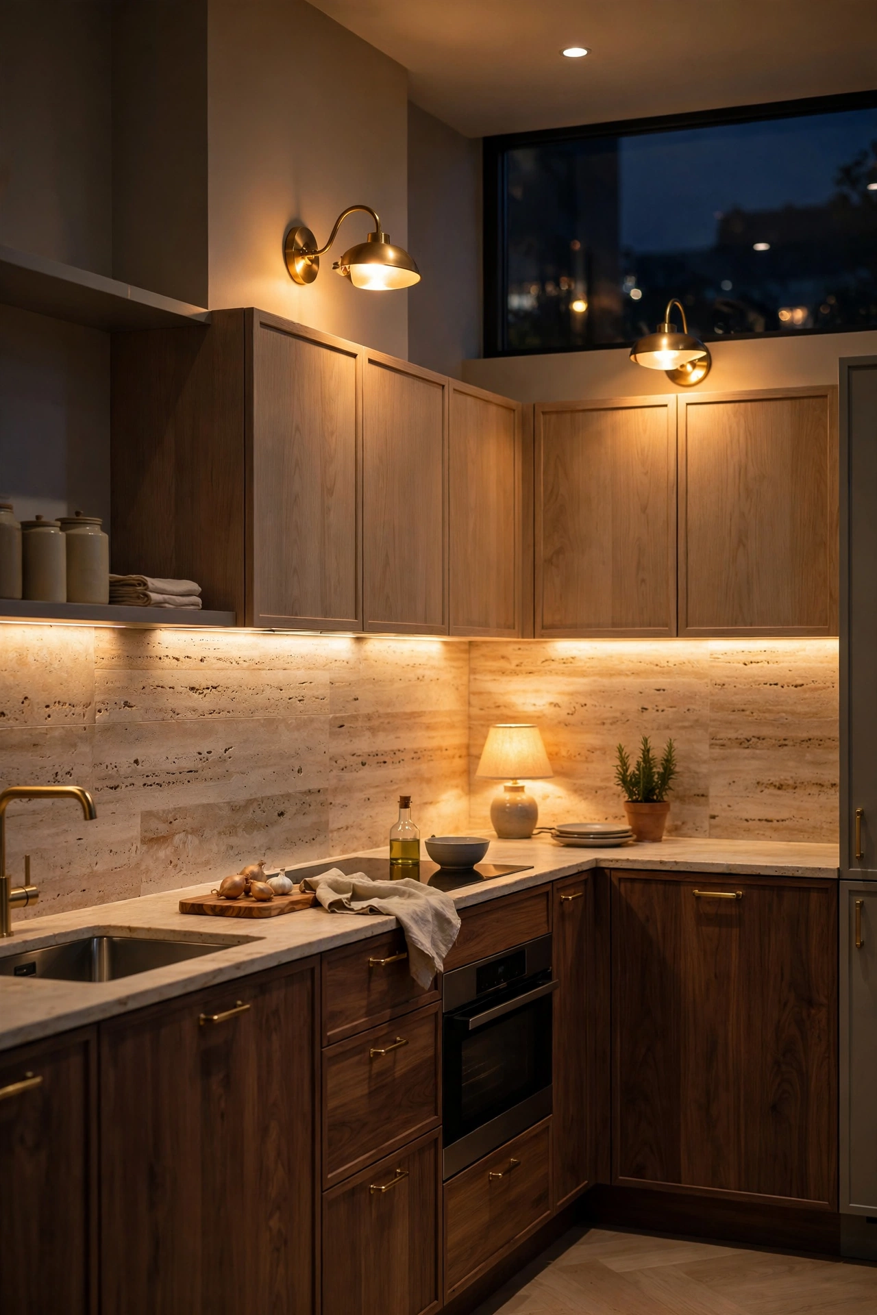 European kitchen in the evening with layered warm lighting, brass sconces, and glowing backsplash