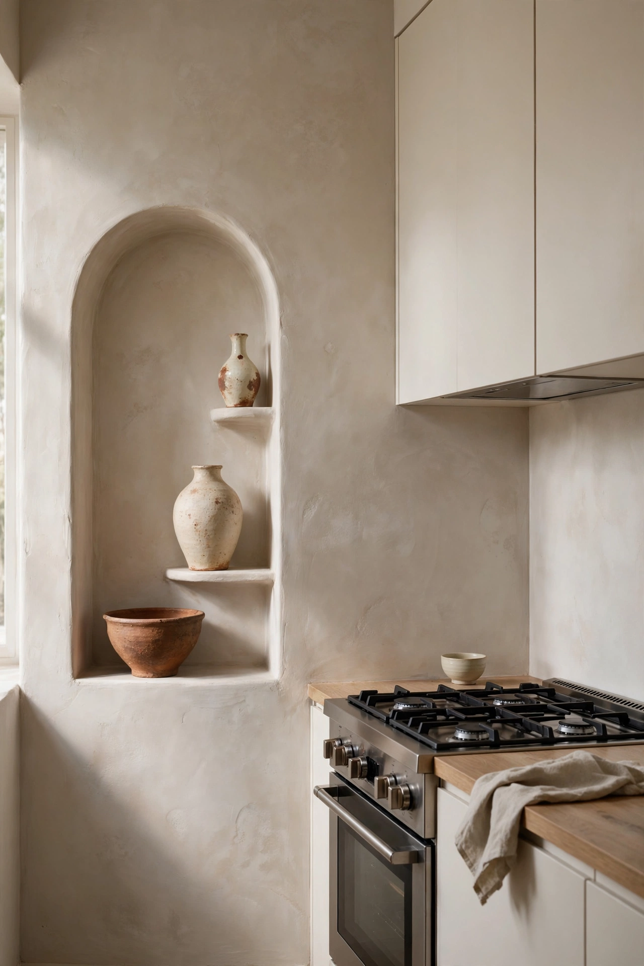 Arched plaster niche beside a range styled with three handmade pottery pieces