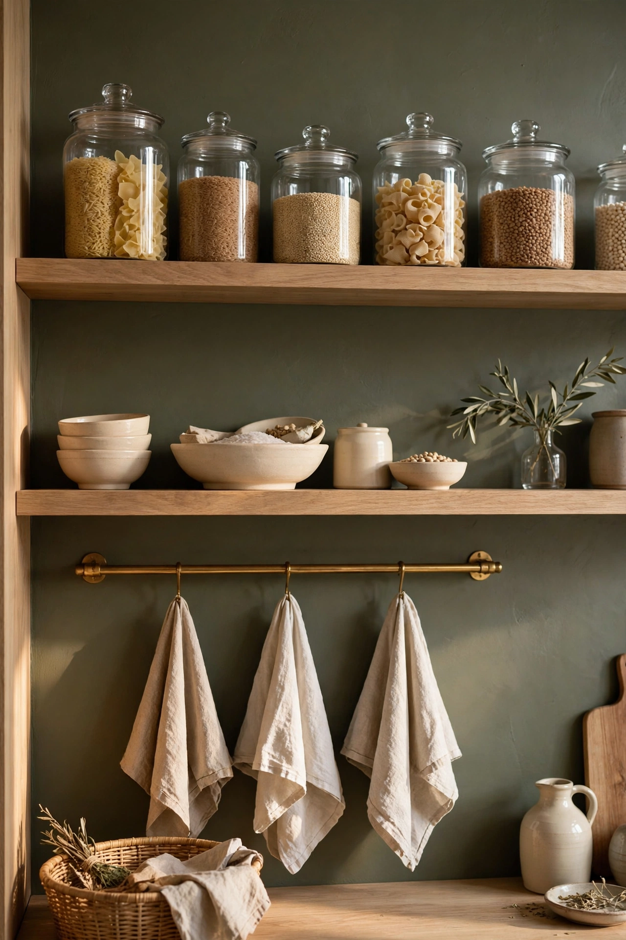 Deep olive pantry wall with open oak shelves, glass jars, and a brass rail
