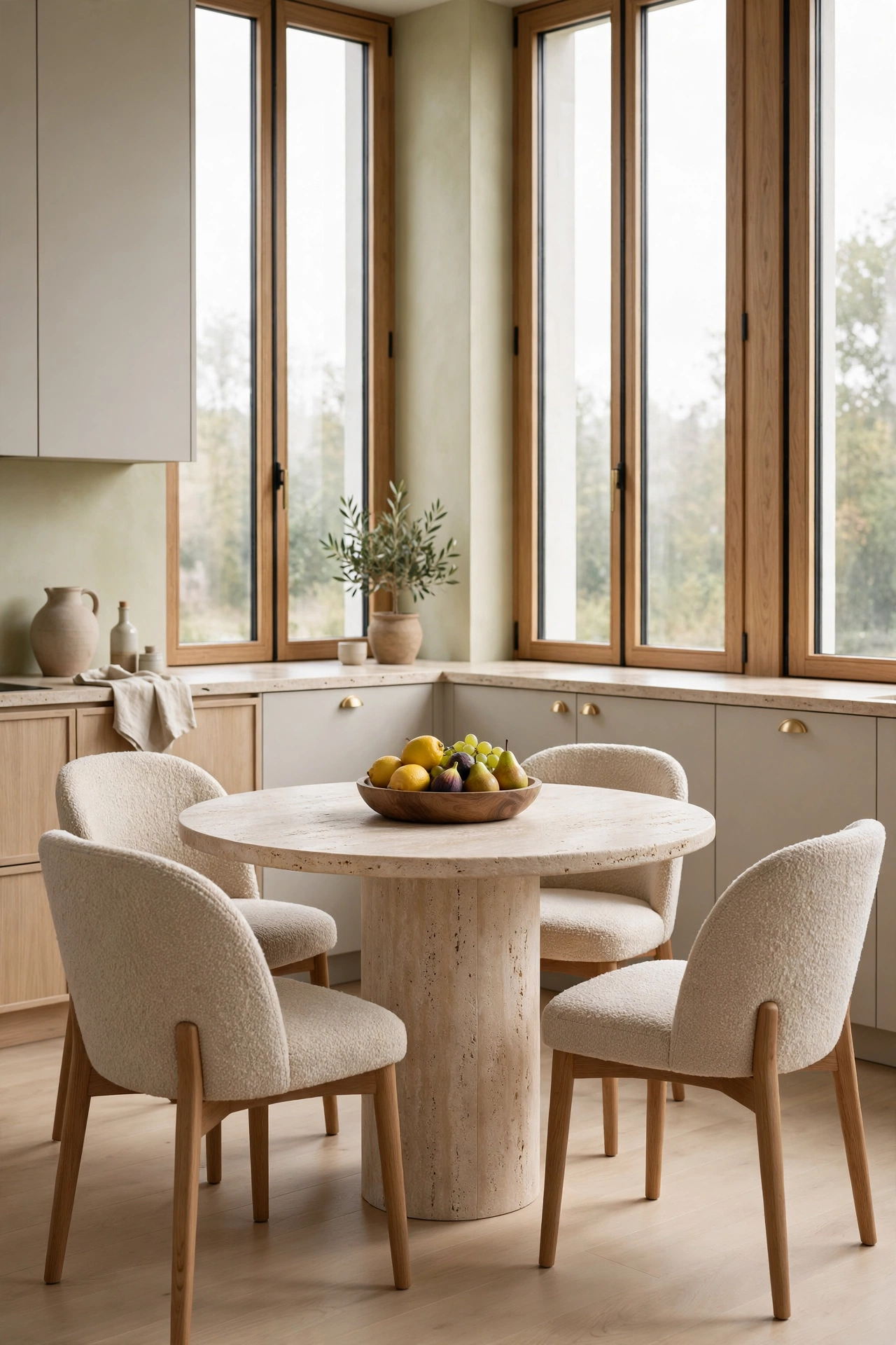 Round travertine pedestal table with boucle chairs in a bright kitchen corner