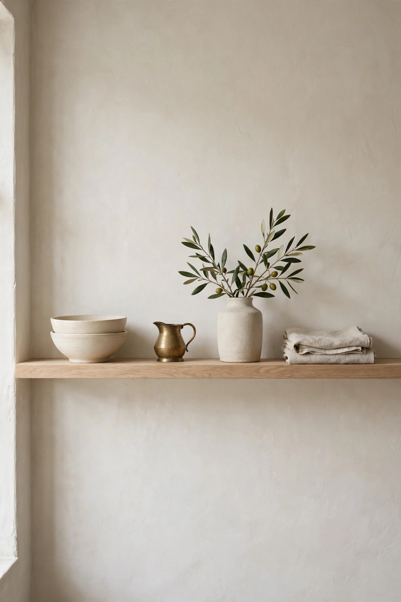 Single open oak shelf styled with cream stoneware, a brass pitcher, and an olive sprig