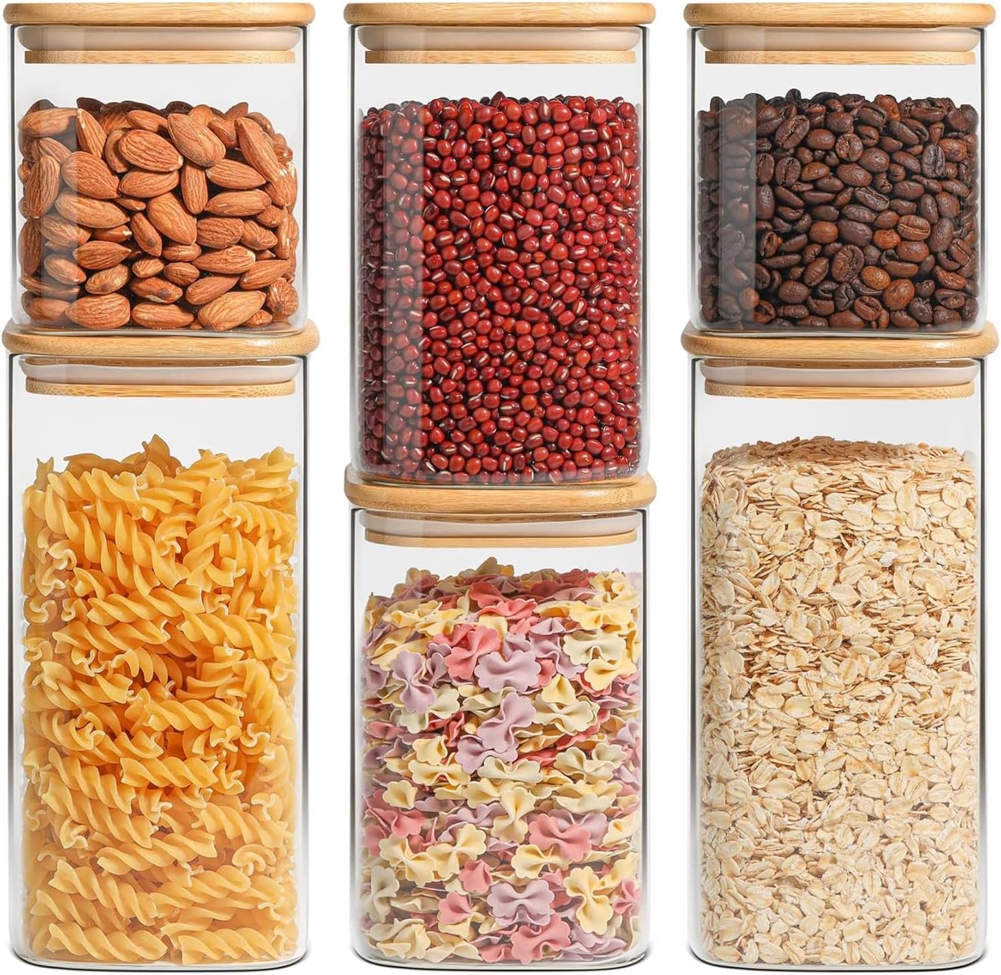 ComSaf Glass Storage Jars with Bamboo Lids, 650/1100/1500ml, 6 Pack, Square