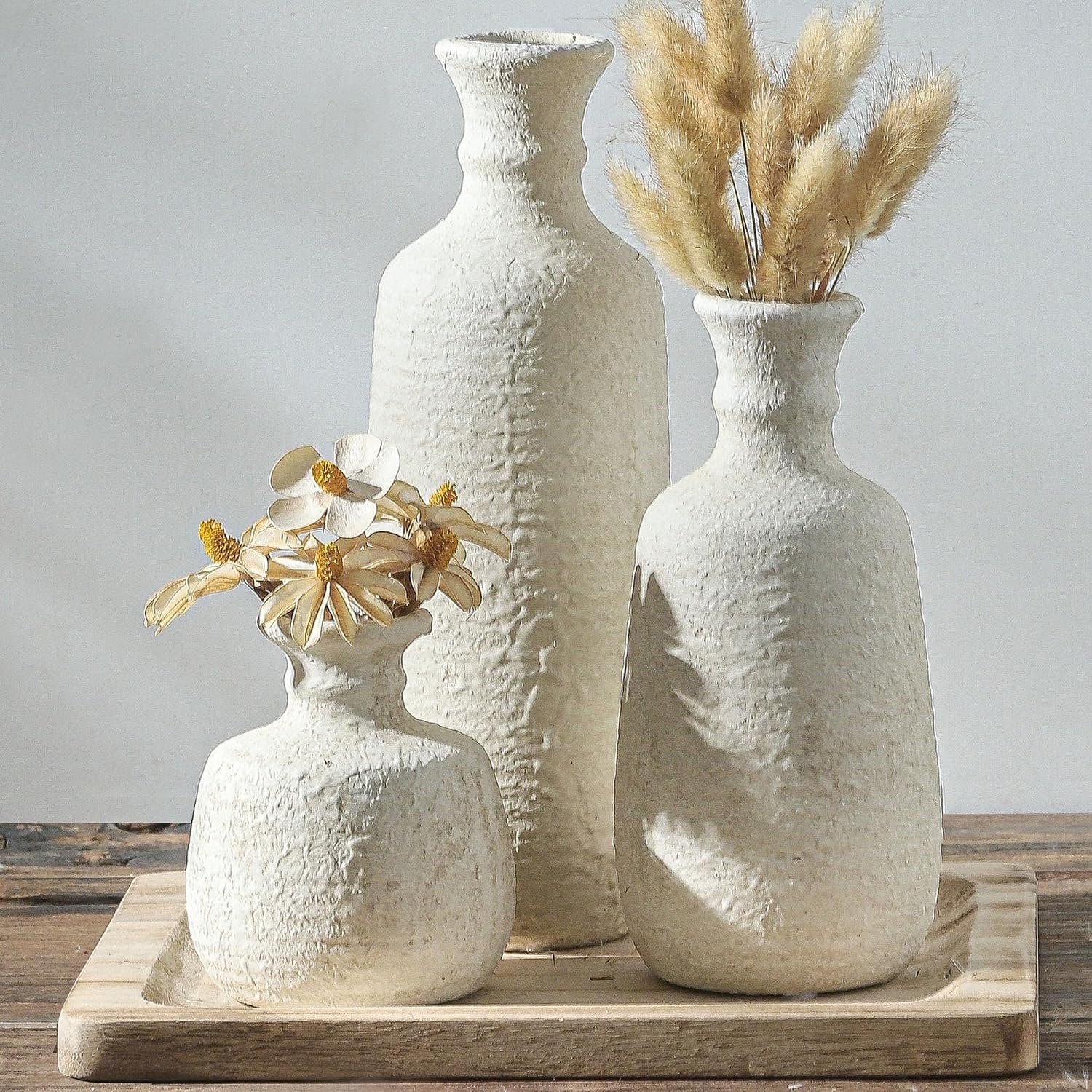 ooit Ceramic Vase Set of 3, Neutral Rustic Whitewashed Pottery Decorative Vases, White