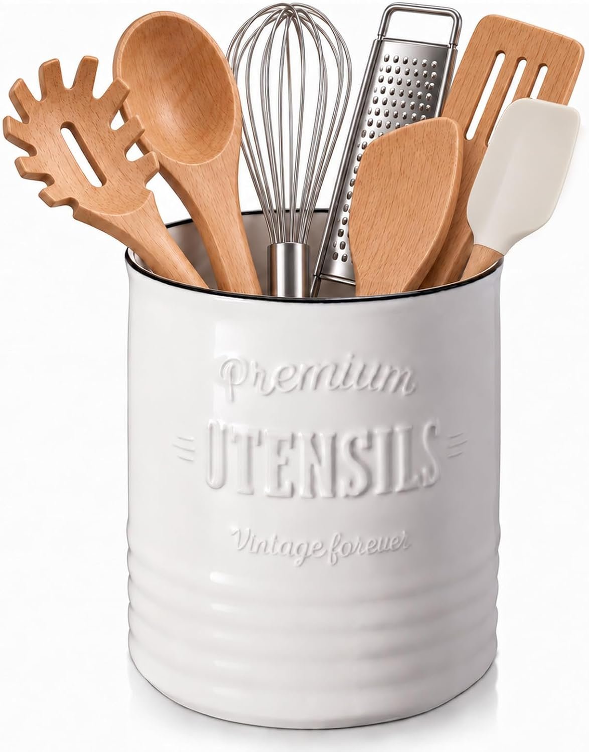 DOWAN Kitchen Utensil Holder, 7.2 inch Extra Large Ceramic Utensil Crock, White