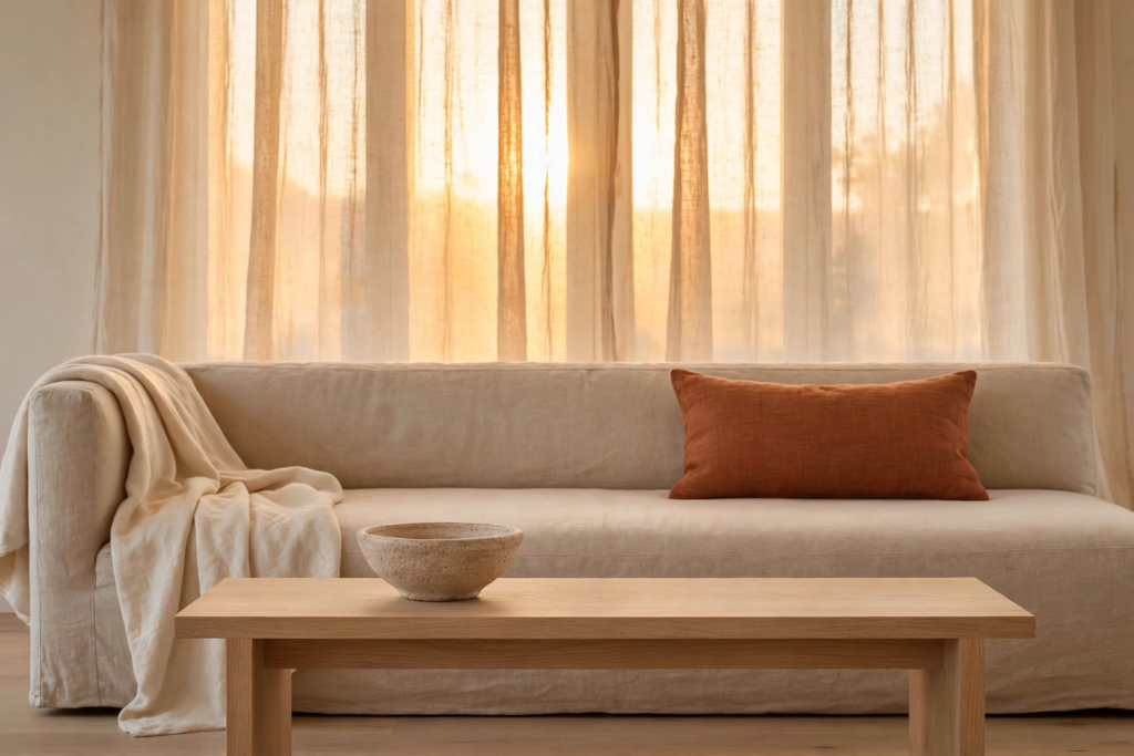 Light filled minimalist living room vignette with an oatmeal linen sofa, rust lumbar pillow, oak bench coffee table, and sheer curtains glowing in golden morning light.