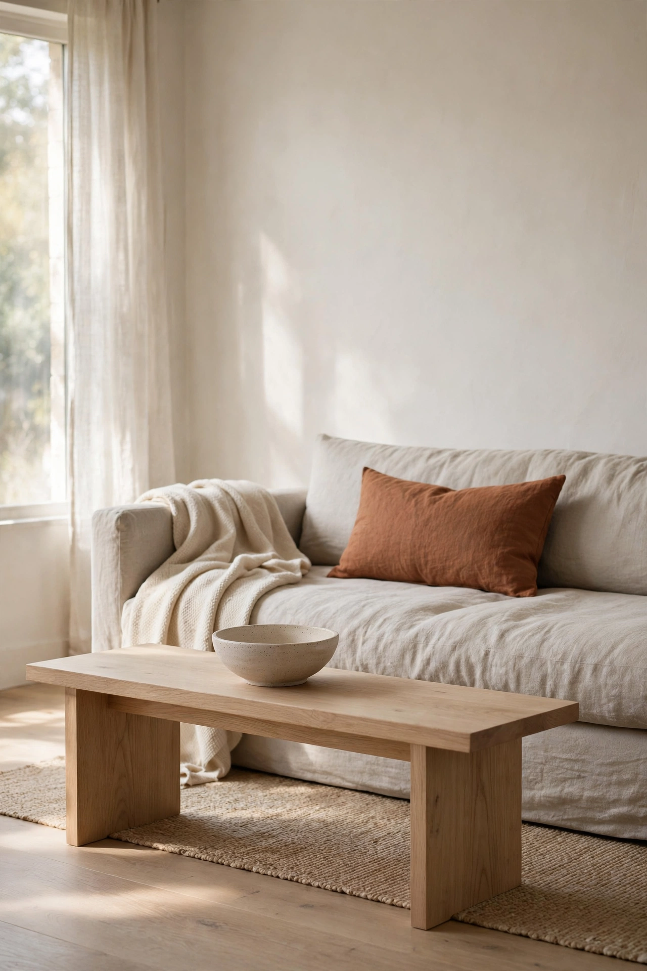 Low slung oatmeal linen sofa with a rust lumbar pillow and cream throw in a calm minimalist living room