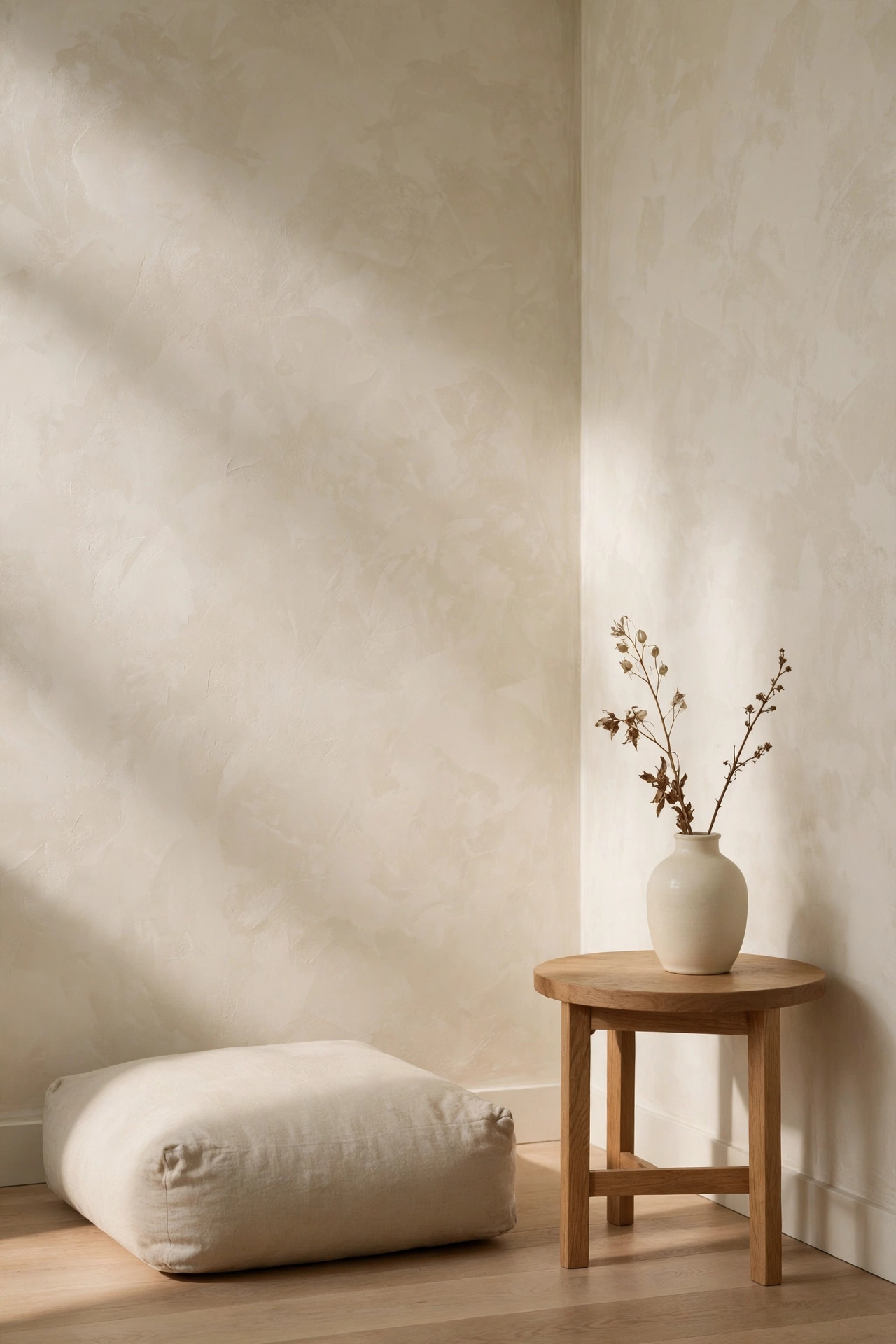 Limewash warm white wall corner with an oatmeal floor cushion and small oak side table in soft afternoon light