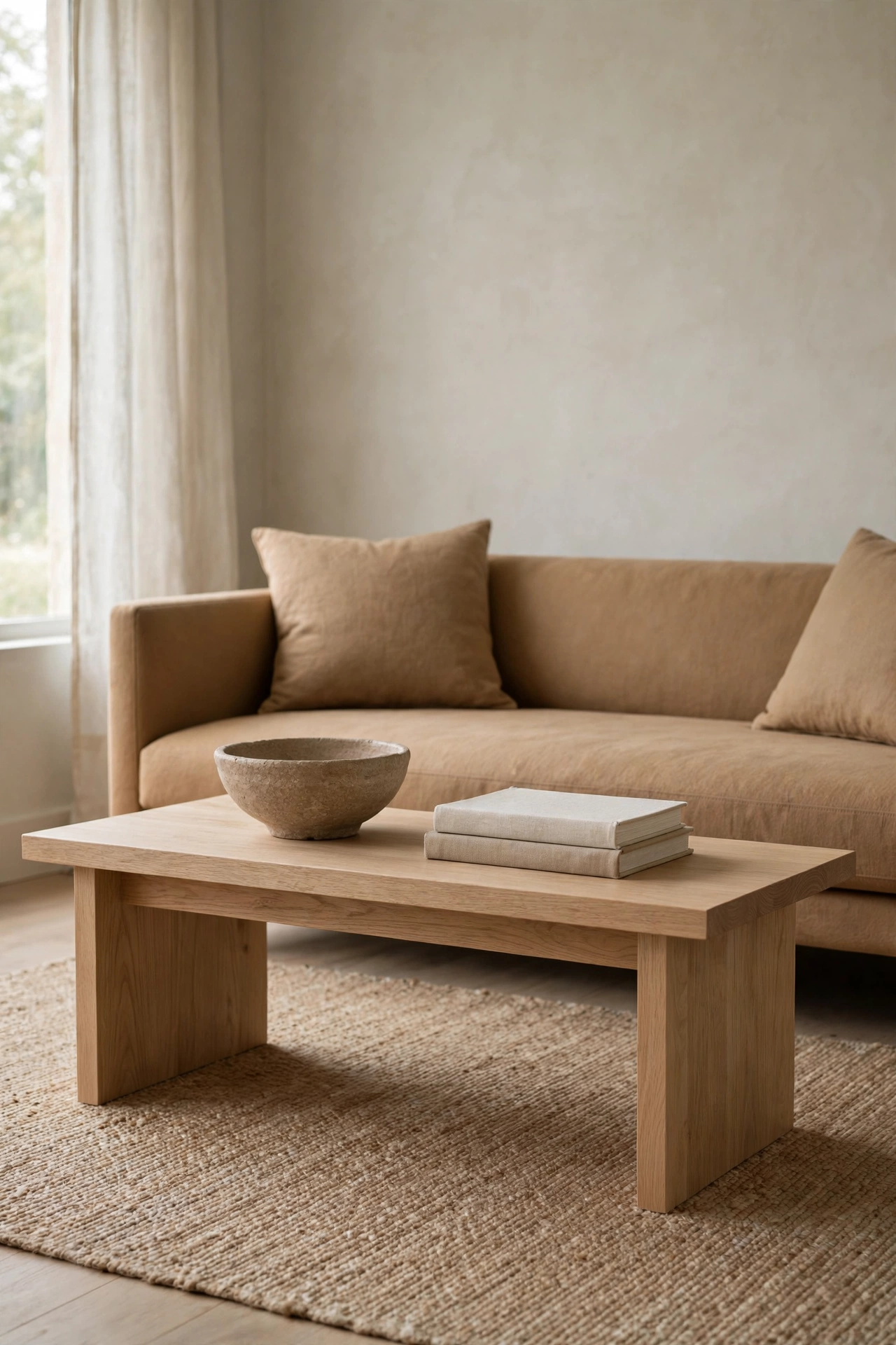 Solid white oak bench styled as a coffee table with a stoneware bowl and linen books on a jute rug