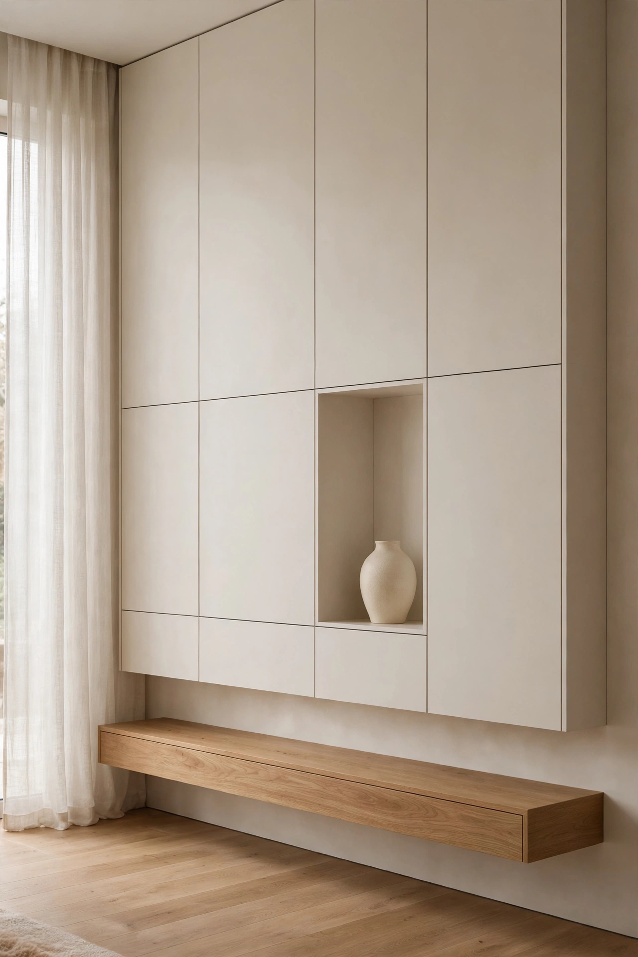 Warm white built in media wall with closed storage hiding the television and a single ceramic vase in one open niche