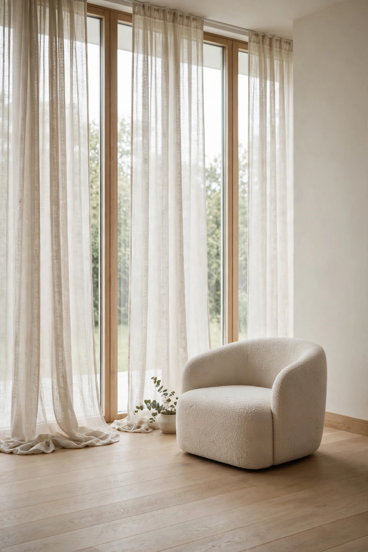 Tall windows with sheer oatmeal linen curtains pooling on oak floors beside a low boucle chair