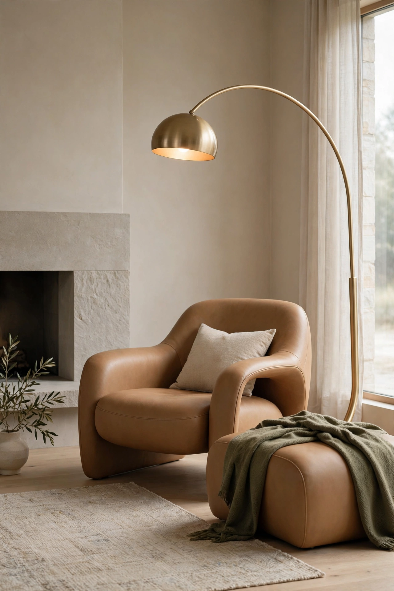Camel leather lounge chair and ottoman in a reading nook by a stone fireplace with a brass floor lamp