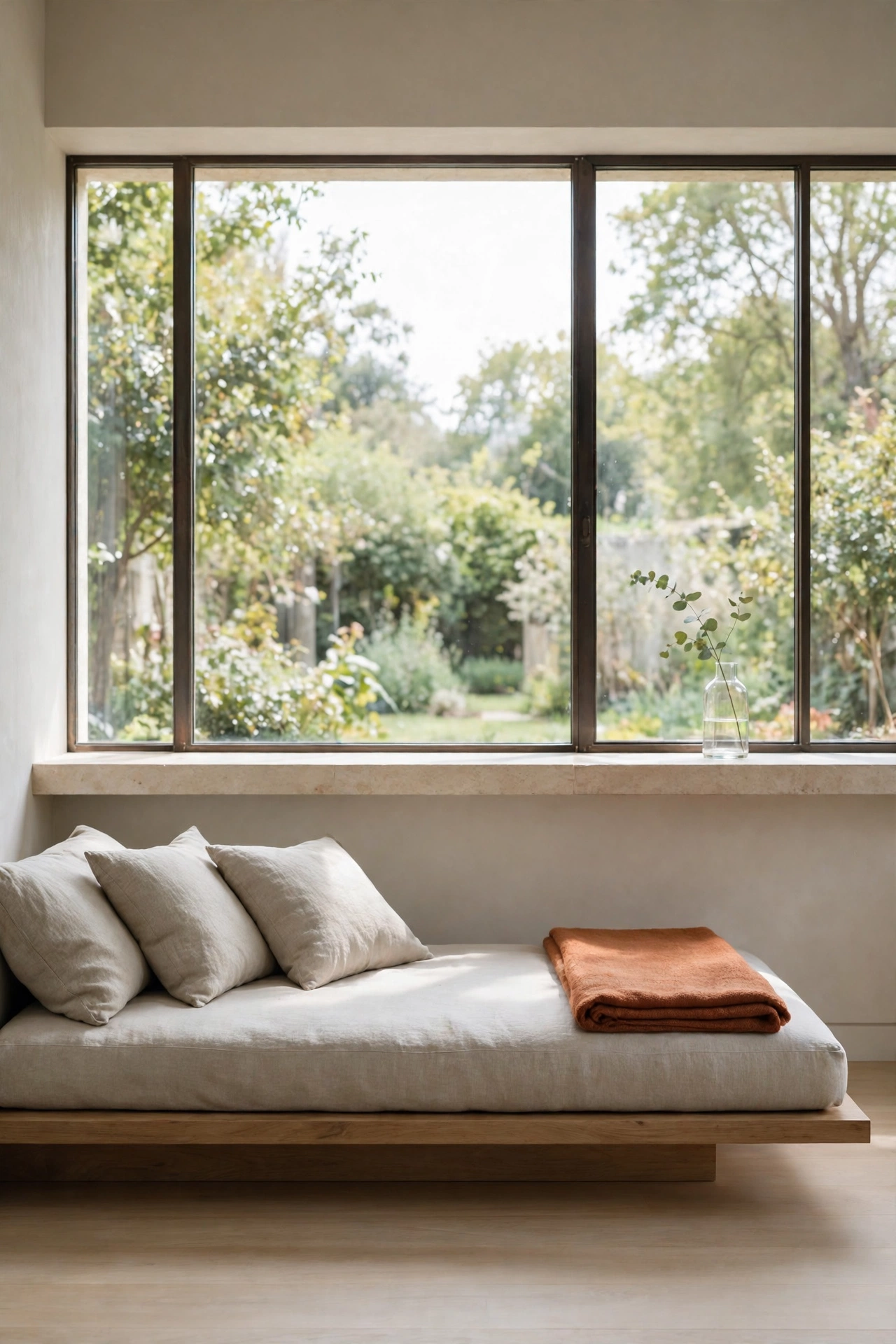 Floating daybed with oatmeal cushions under a wide garden window with a rust throw and eucalyptus sprig