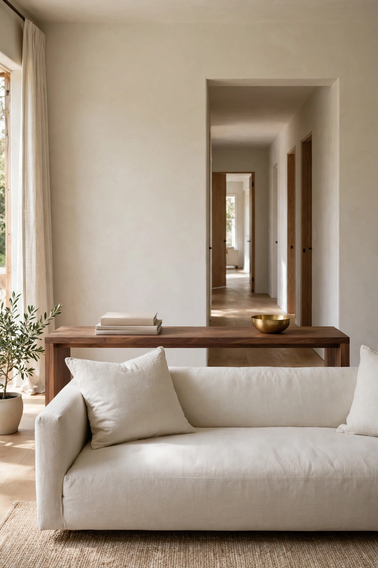 Backless walnut bench behind an ivory sofa styled with a brass bowl and stacked art books