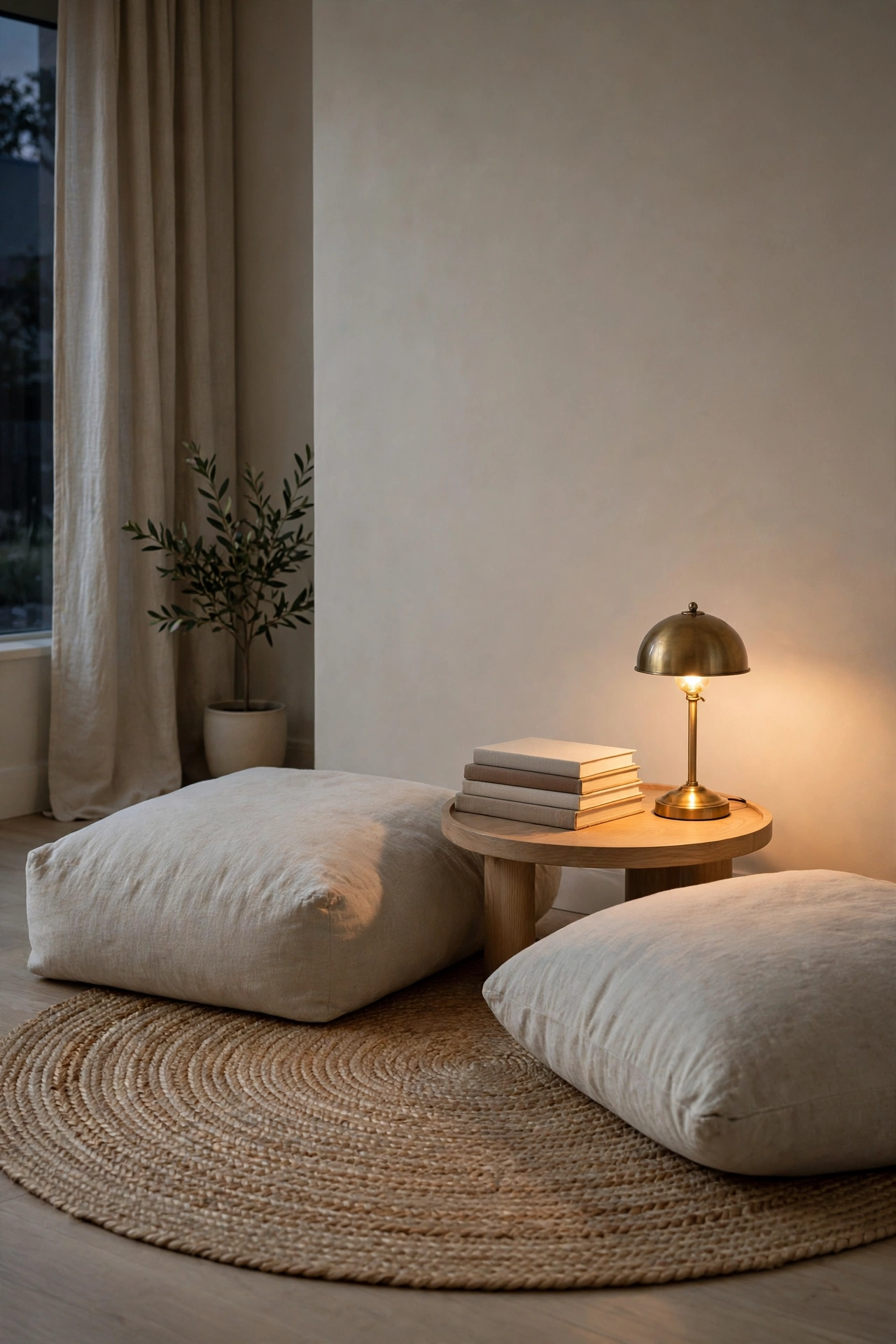 Low reading corner with oatmeal floor cushions on a jute rug and a stack of books on an oak side table