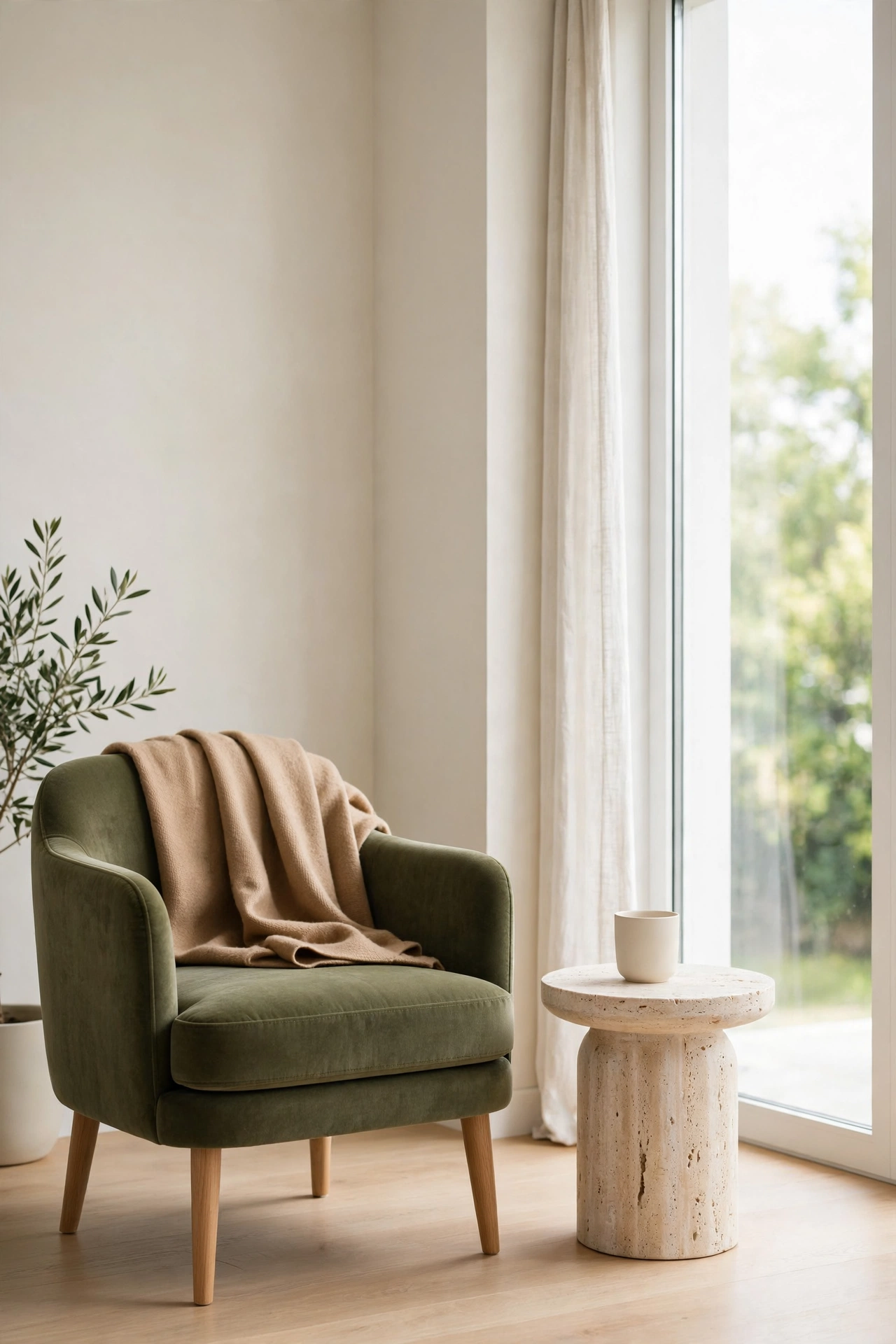Olive velvet accent chair in a bright window corner with a travertine side table and camel throw
