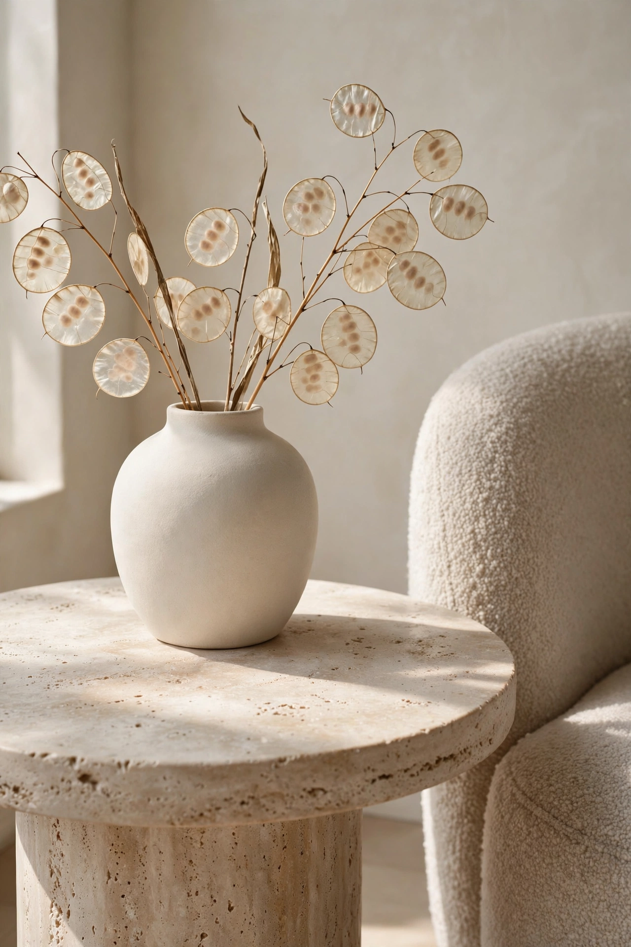 Travertine side table vignette with a cream ceramic vase of dried lunaria beside a boucle chair