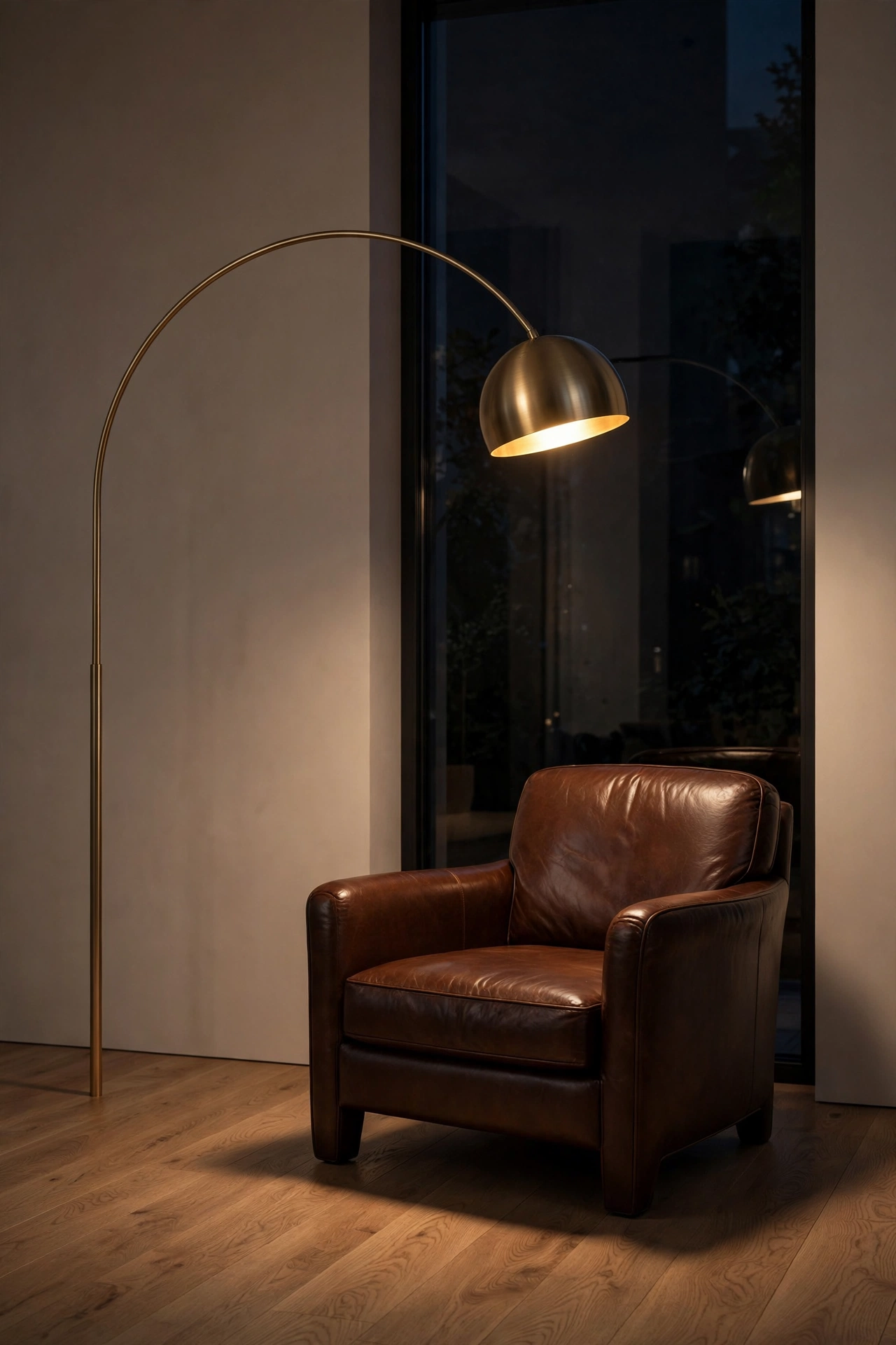 Brushed brass arc floor lamp glowing over a chocolate brown leather chair in an evening living room
