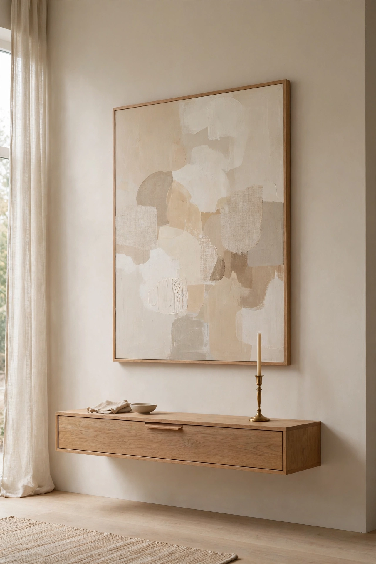 Oversized abstract art in warm beige tones above a low oak console with a single brass candlestick