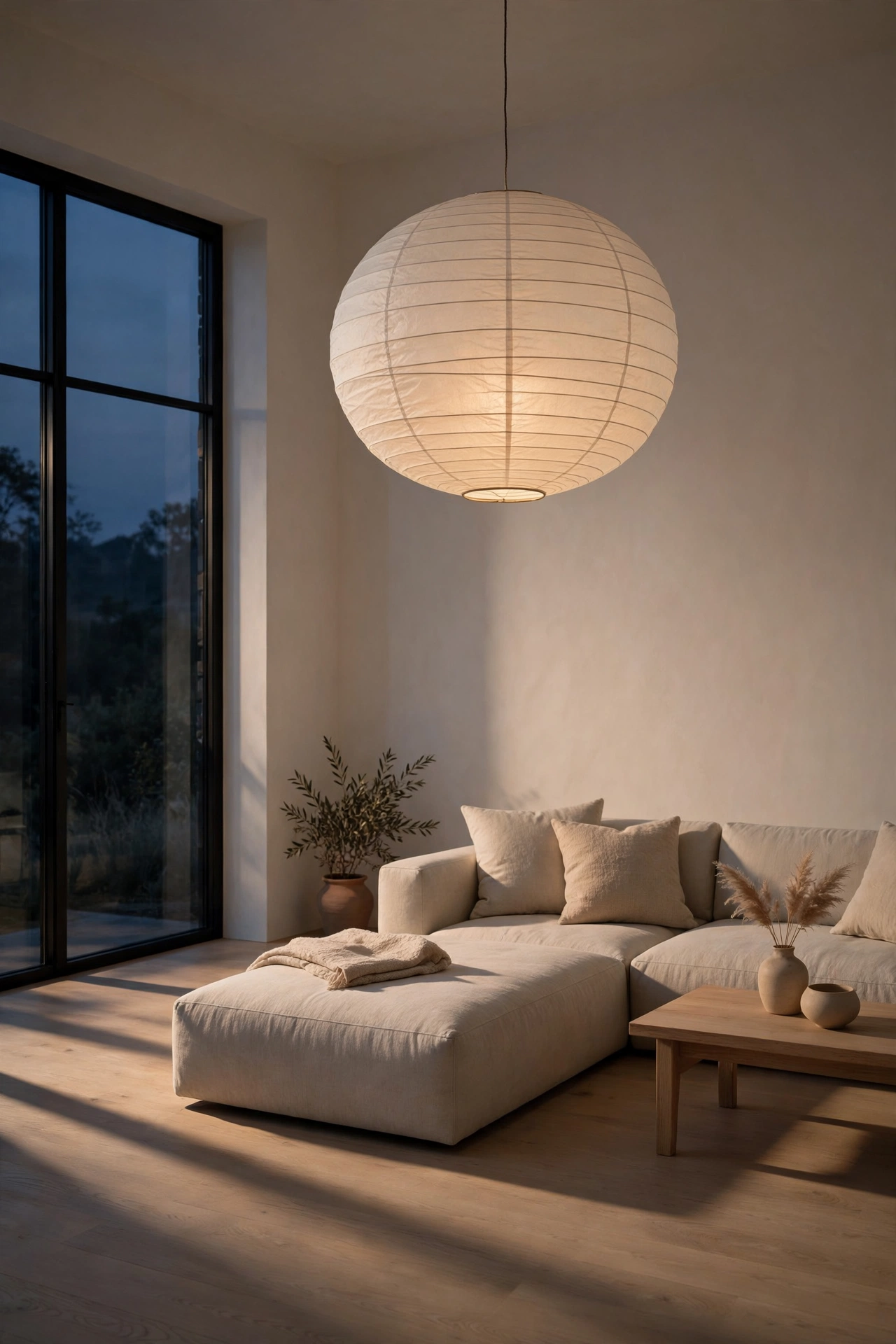 Glowing white paper lantern pendant above a low sectional in a minimalist living room at dusk