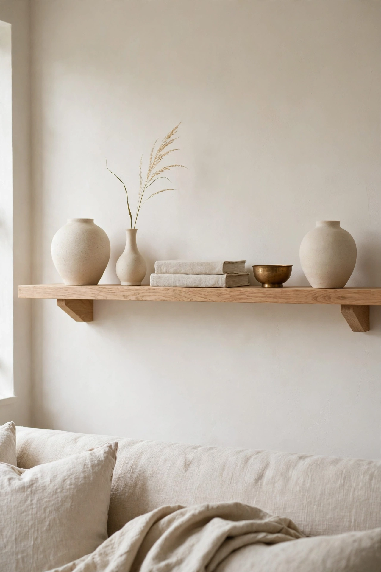 Edited oak open shelf styled with five objects, cream stoneware, a brass bowl, and dried grasses