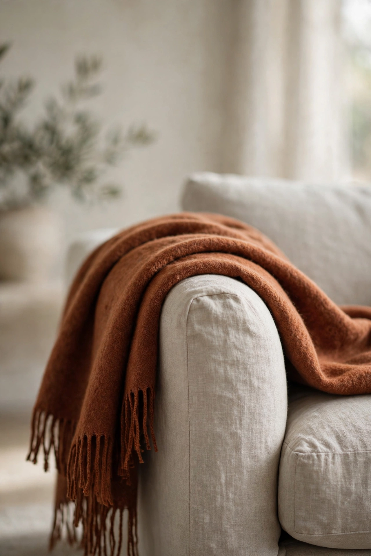 Rust wool throw with fringe draped over the arm of an oatmeal linen sofa in soft daylight