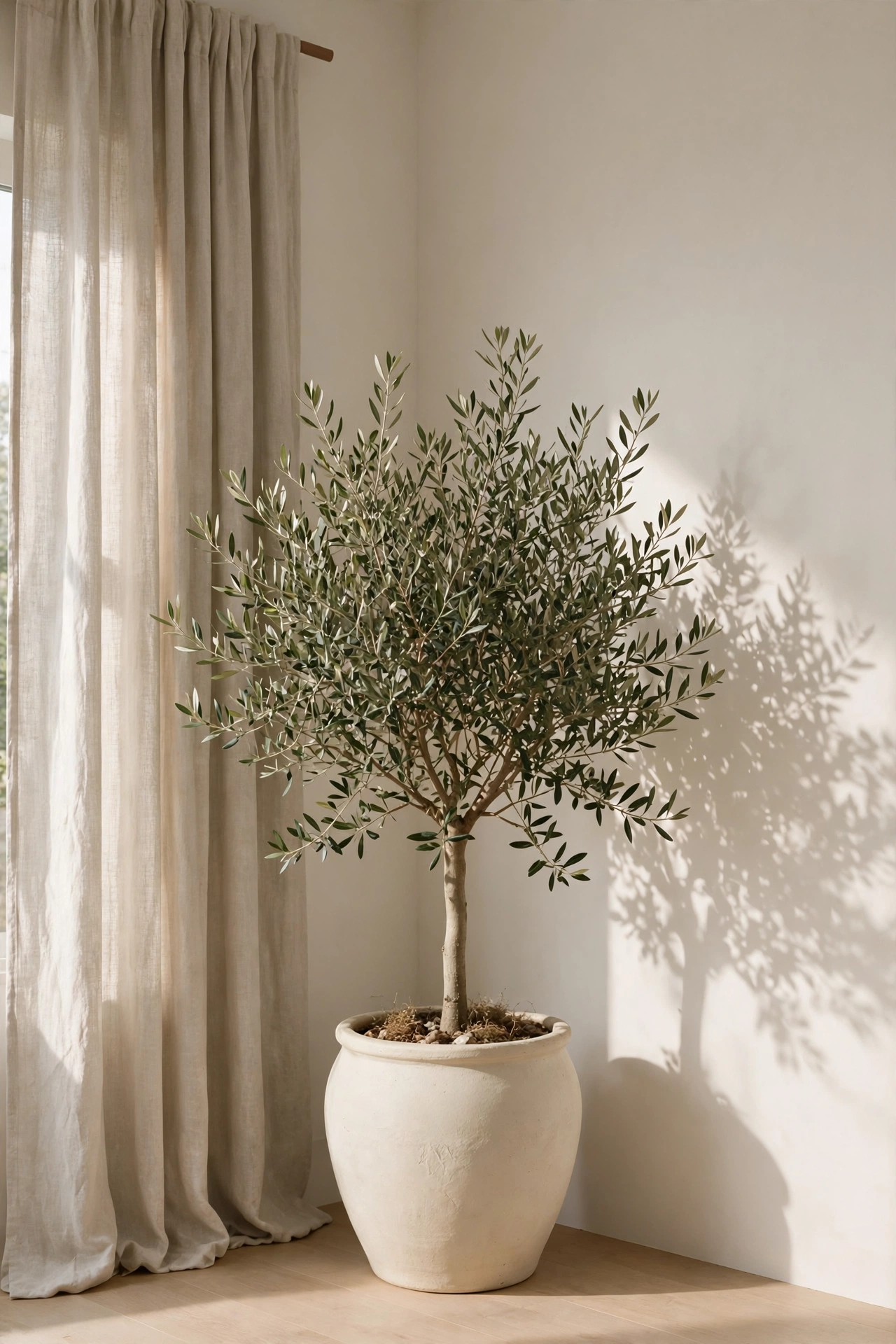 Single olive tree in a cream ceramic pot in the corner of a bright minimalist living room