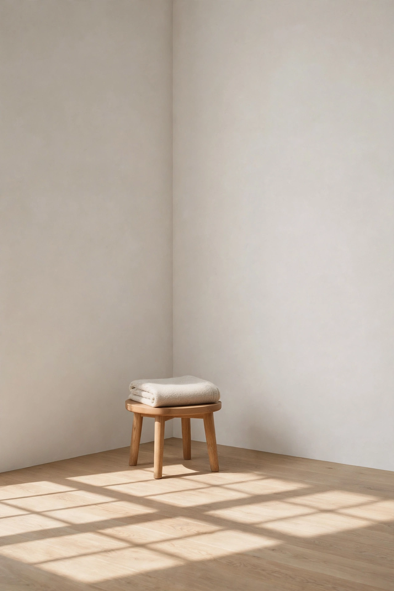 Intentionally empty corner with a low oak stool and folded oatmeal throw, celebrating negative space