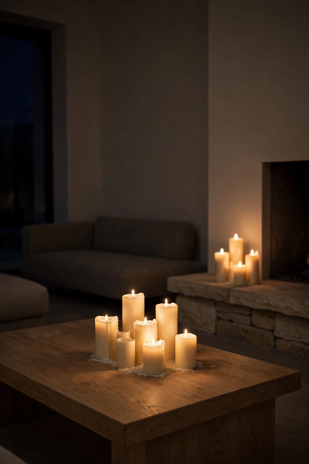 Minimalist living room at night lit only by a cluster of pillar candles on the coffee table