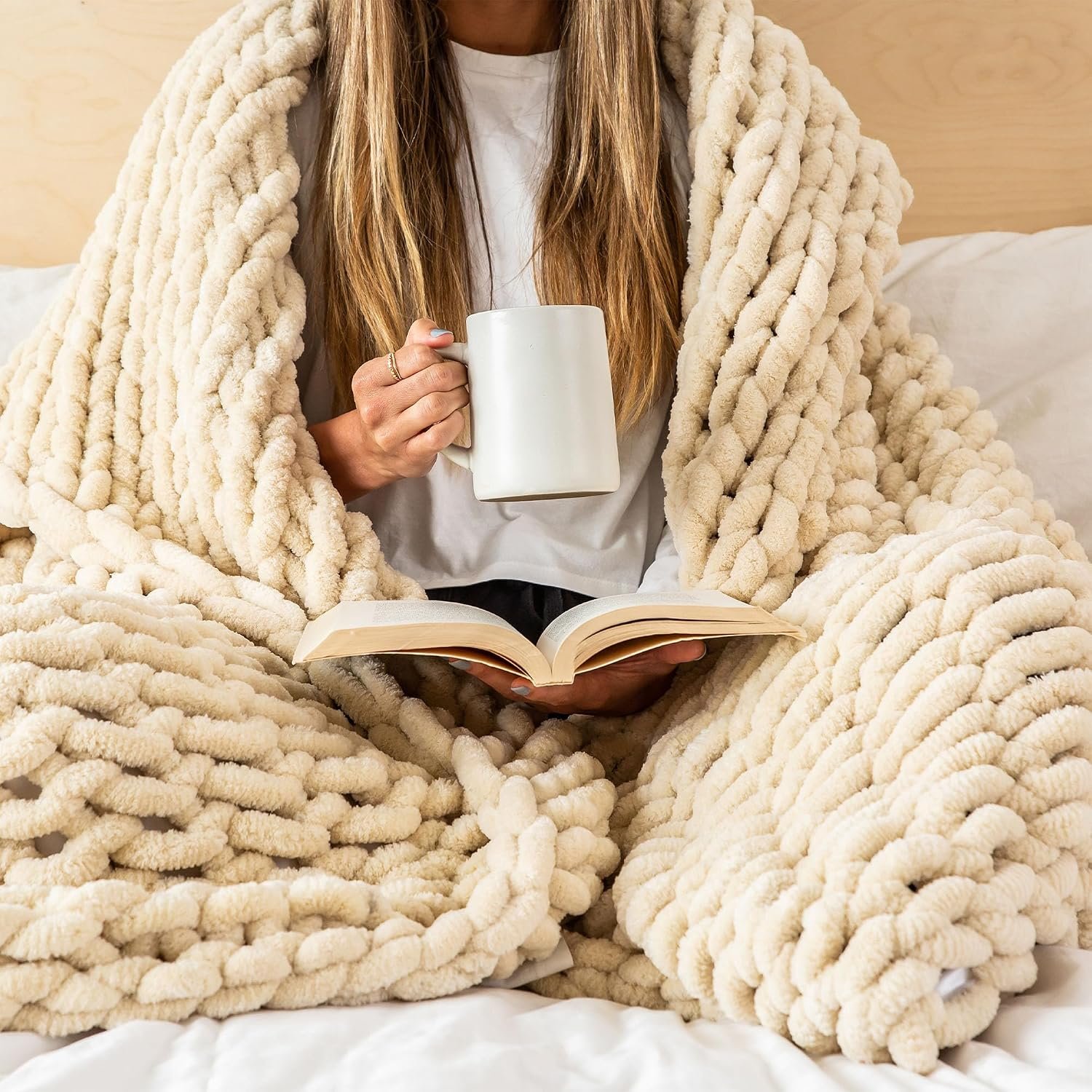 SAMIAH LUXE Chunky Knit Blanket Throw, 50x70 in, Buttercream