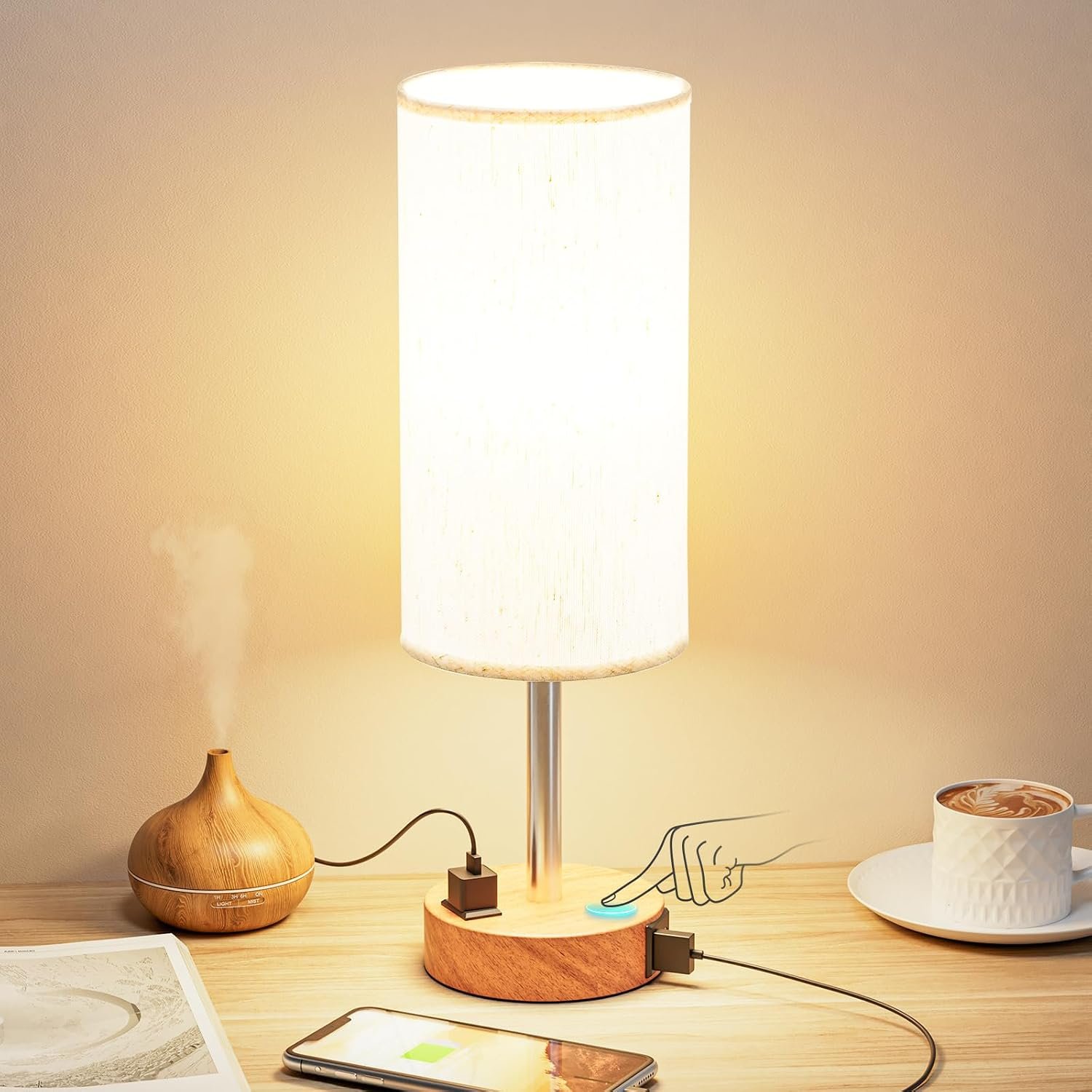 Fenmzee Bedside Table Lamp, Flax (Warm Wood Base, Beige Fabric Shade)