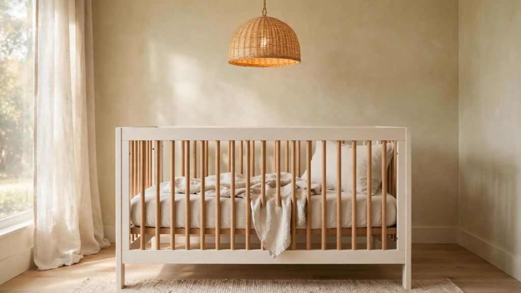 Light airy organic modern nursery with a white oak crib, oatmeal linen bedding, and a woven rattan pendant in soft morning light