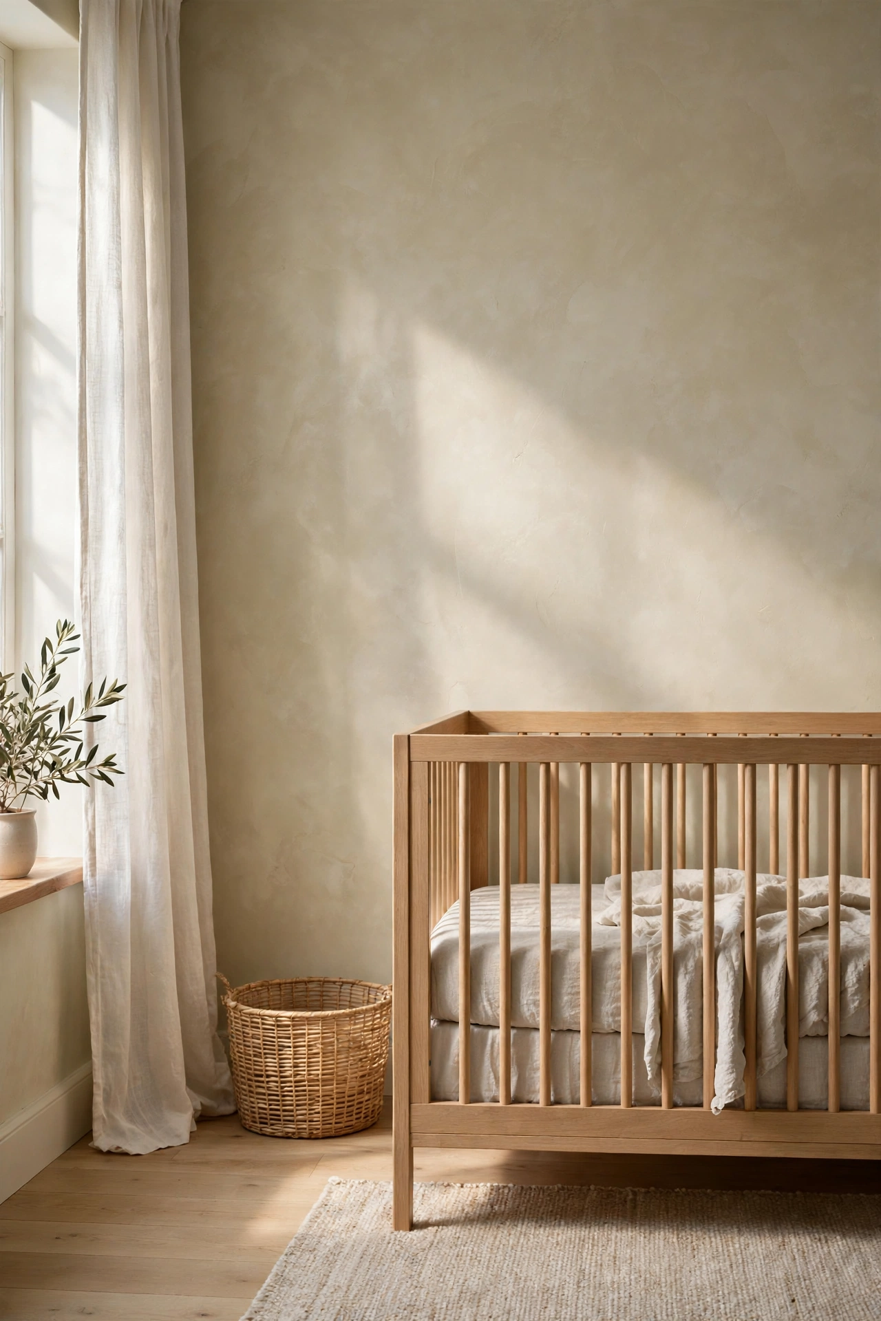 Light oak crib with oatmeal linen bedding against limewashed warm oatmeal walls in an organic modern nursery with soft morning light