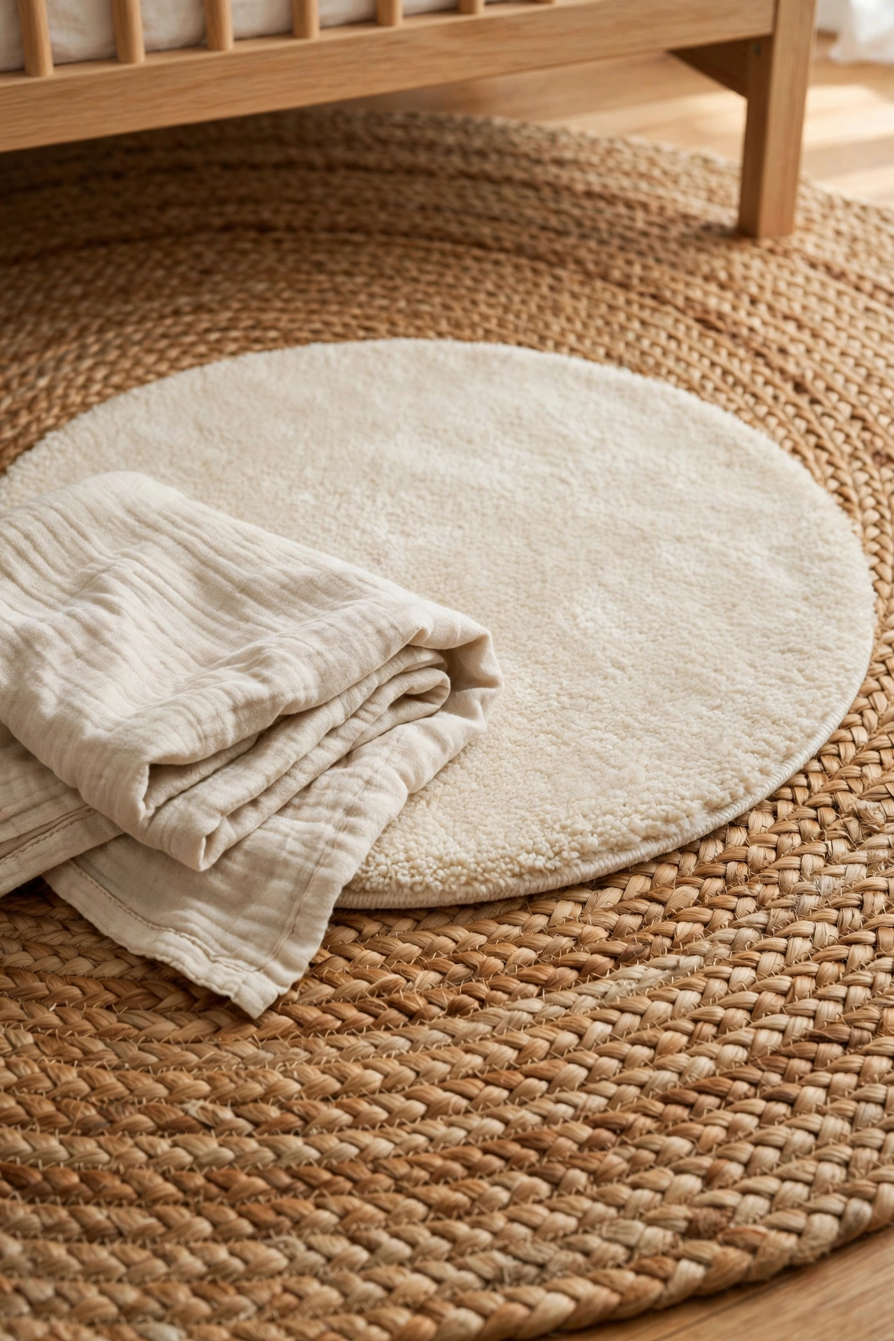 Layered natural fiber rugs with a round jute rug under a soft cream rug beside an oak crib leg in a nursery